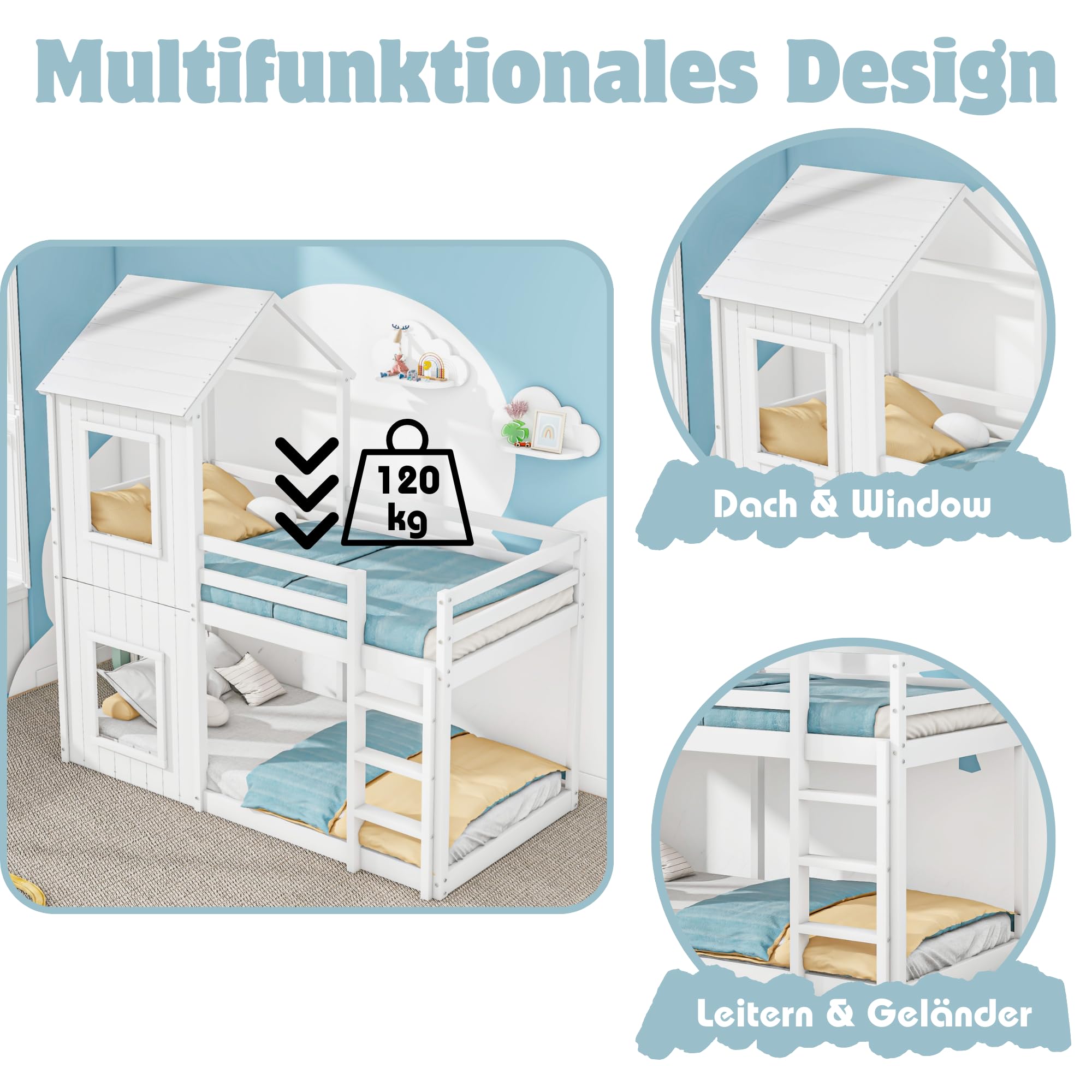 Kinderbett 90x200 Etagenbett für 2 Kinder, Hausbett Hochbett mit Leiter und Baldachin, Baumhausbett Stockbett Kinderhochbett Jugendhochbett mit Rausfallschutz und Lattenrost, Ohne Matratze, Weiß