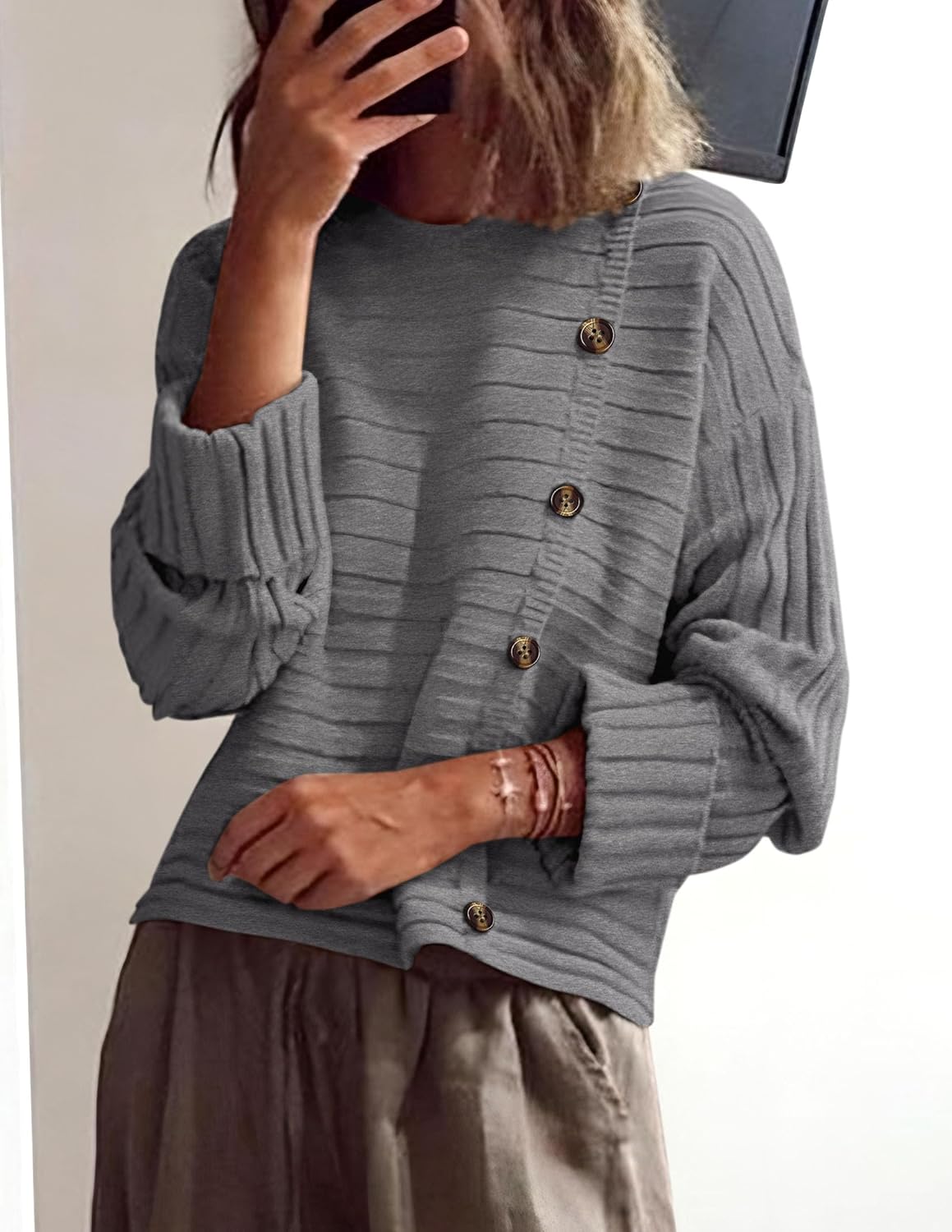 PRETTYGARDEN Womens Sweaters Fall 2026 Casual Long Sleeve Crewneck Button Loose Winter Knit Pullover Sweater Tops - Image 3