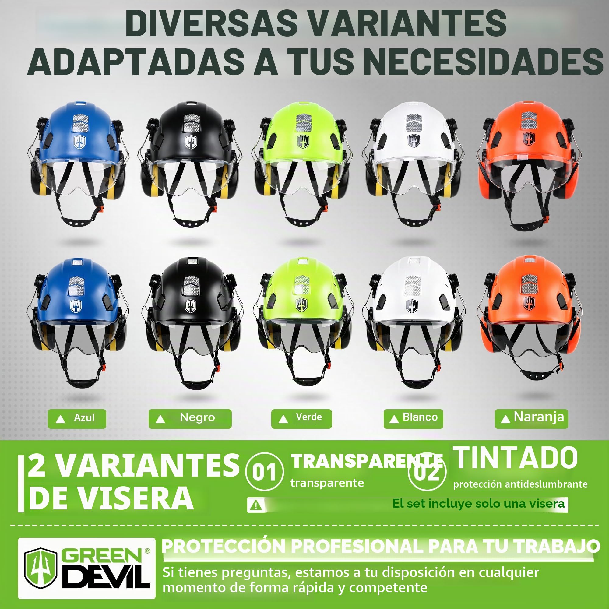 GREEN DEVIL Casco de Trabajo con Visera Transparente y protección auditiva Orejeras ABS Ajustable Casco de Seguridad ventilado con Casco Industrial EN 397