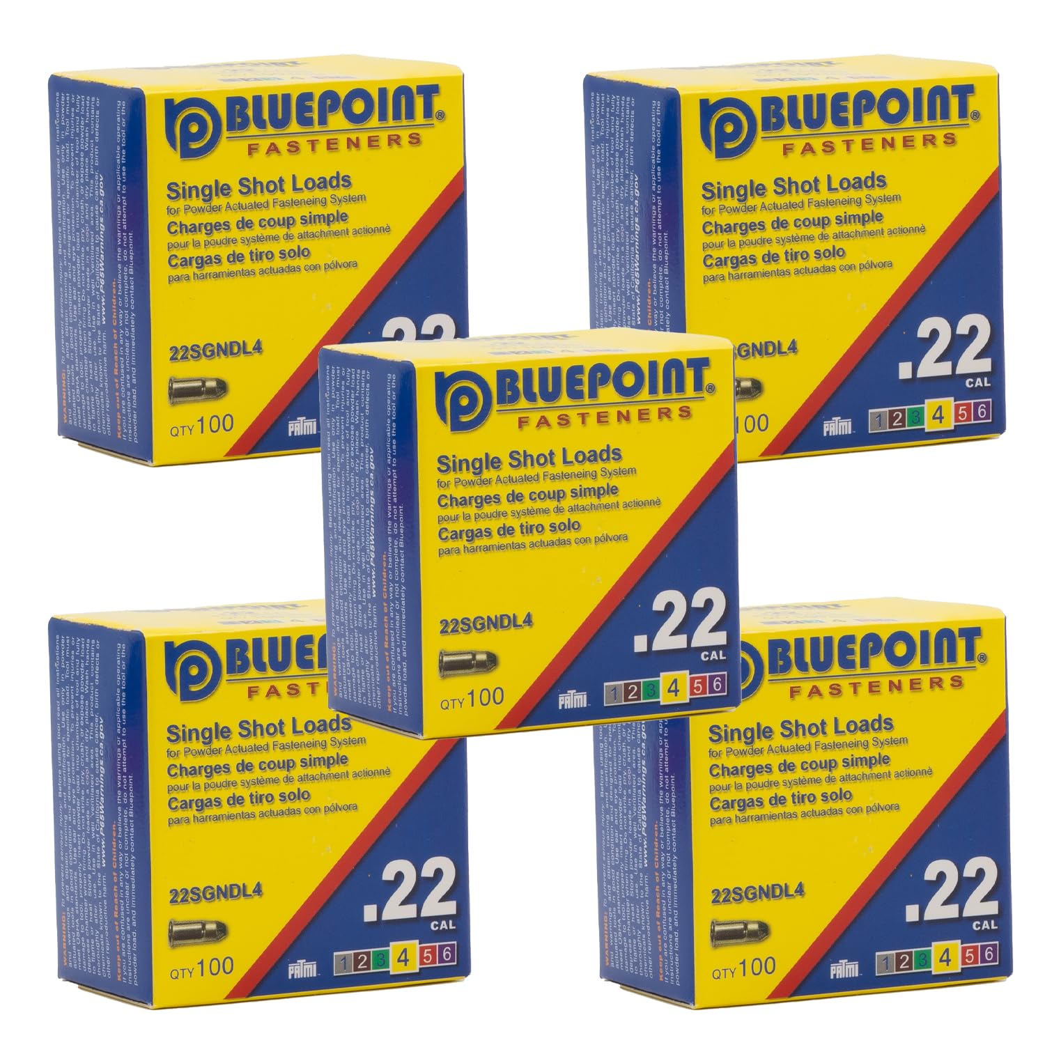 BLUEPOINT .22 Cal YELLOW Neck Down Single Shot Powder Load for Powder Actuated Fastening System, (500 - Count). Item# 22SGNDL4 5-PACK SAVE $10
