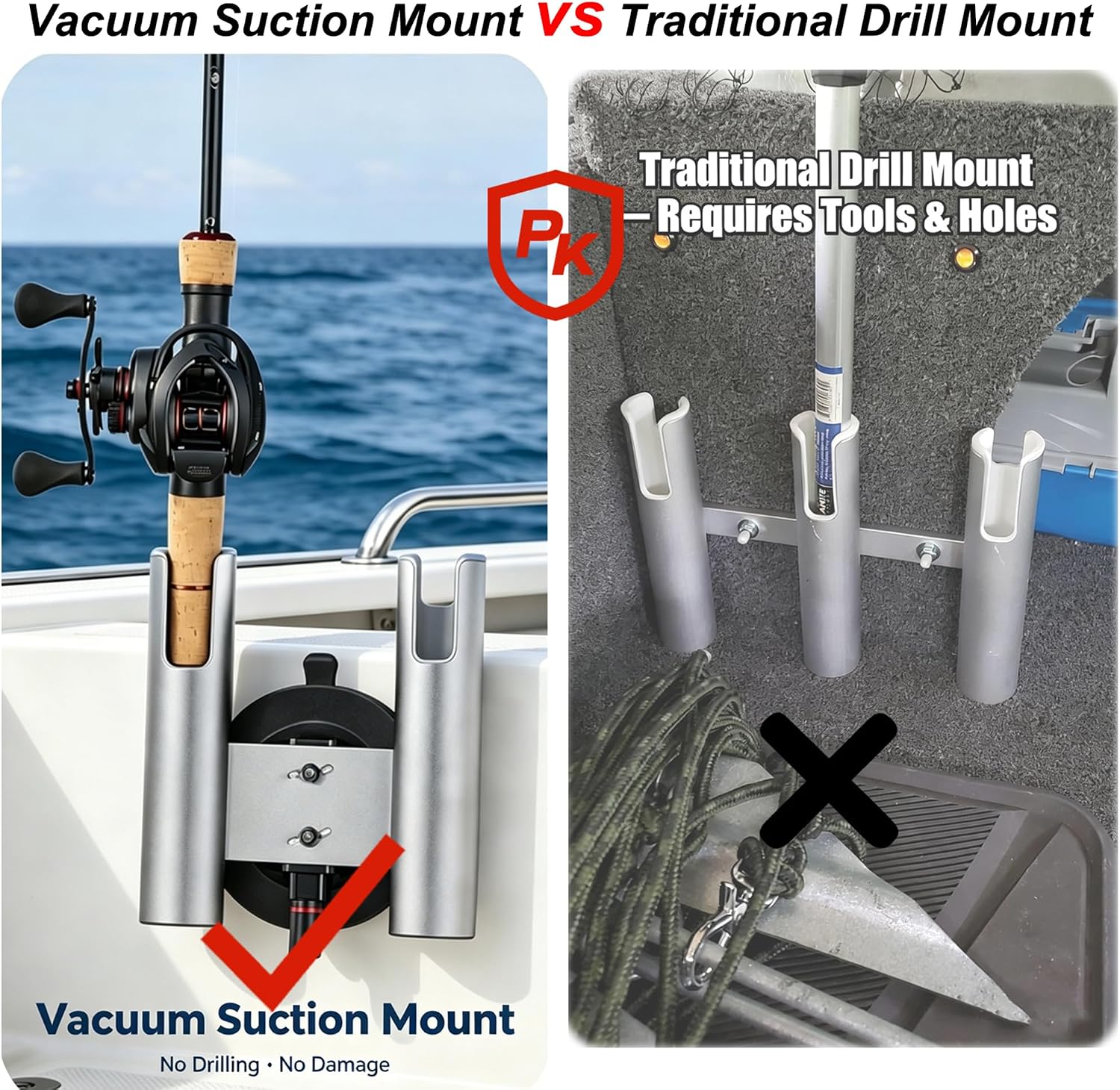 2-Rod No-Drill Aluminum Rack Vacuum Fishing Rod Holder with 300LB | for Boat Truck Wall Glass ，Removable Quick-Release Suction Mount – Installs in Seconds. No tools.