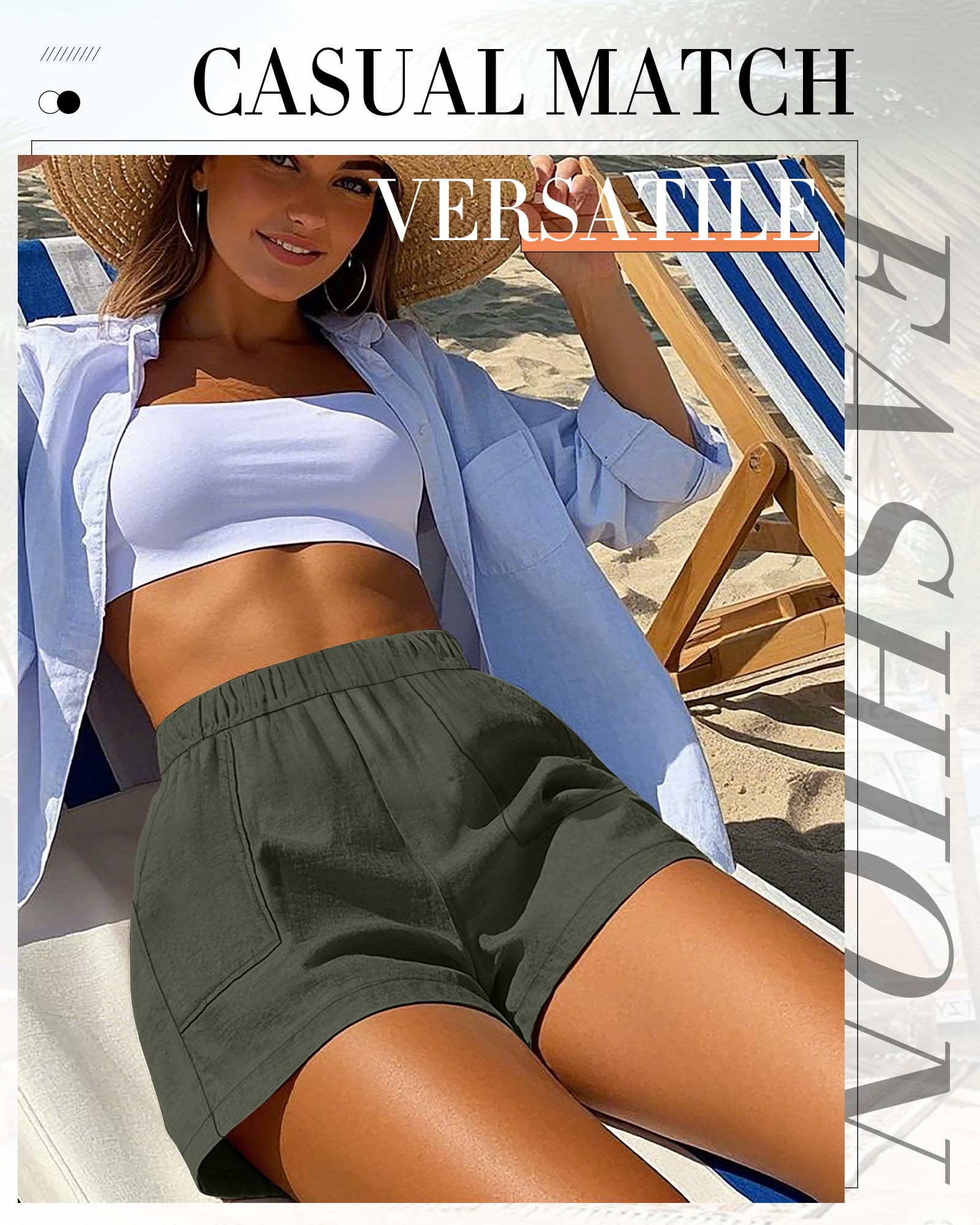 Neer 2 Pack Women's Linen Shorts Elastic Waist Casual Comfy Summer Pull on Beach Shorts with Patch Pocket