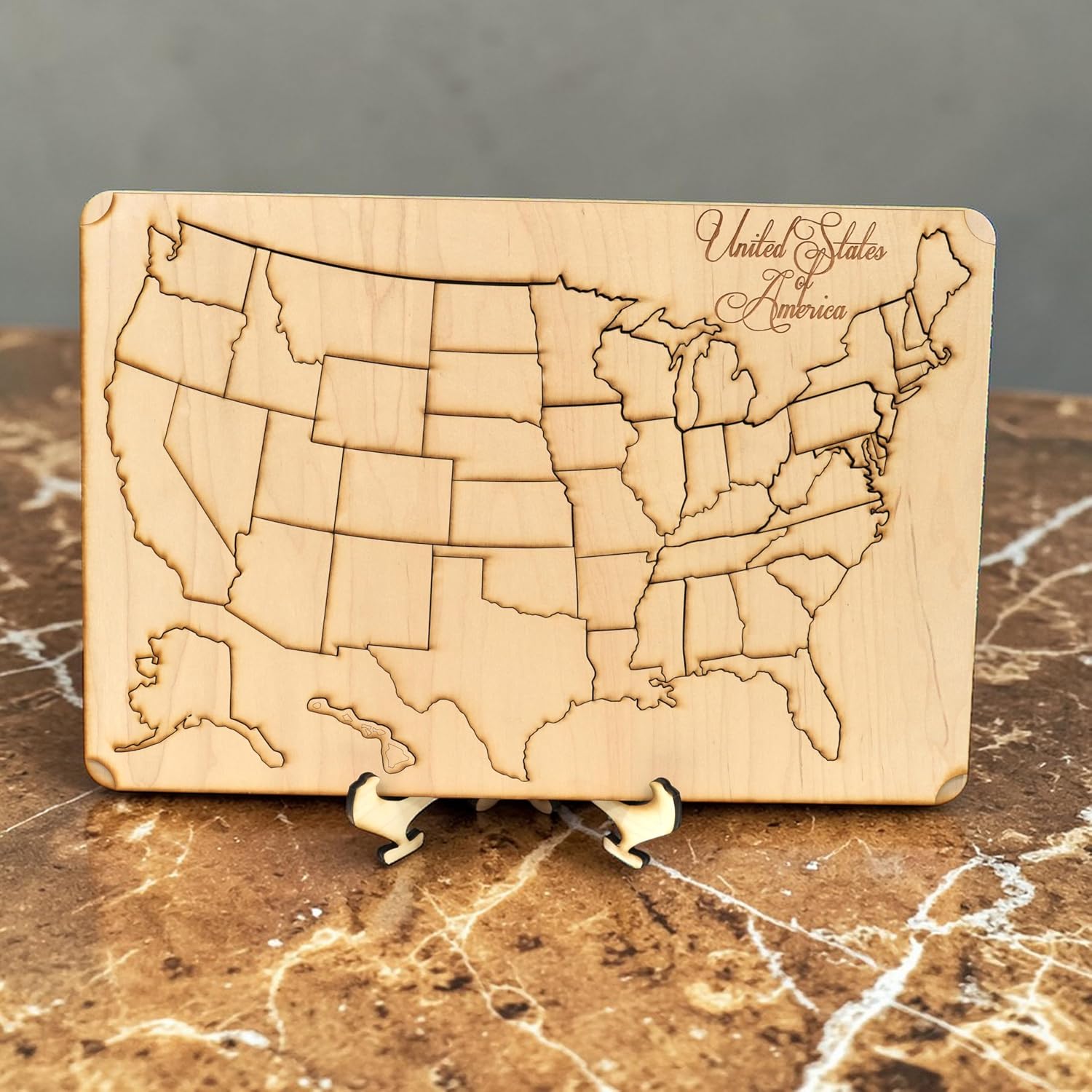 50 State American Puzzle Map - Art Kit - Raw Wood 12x18 with Stand