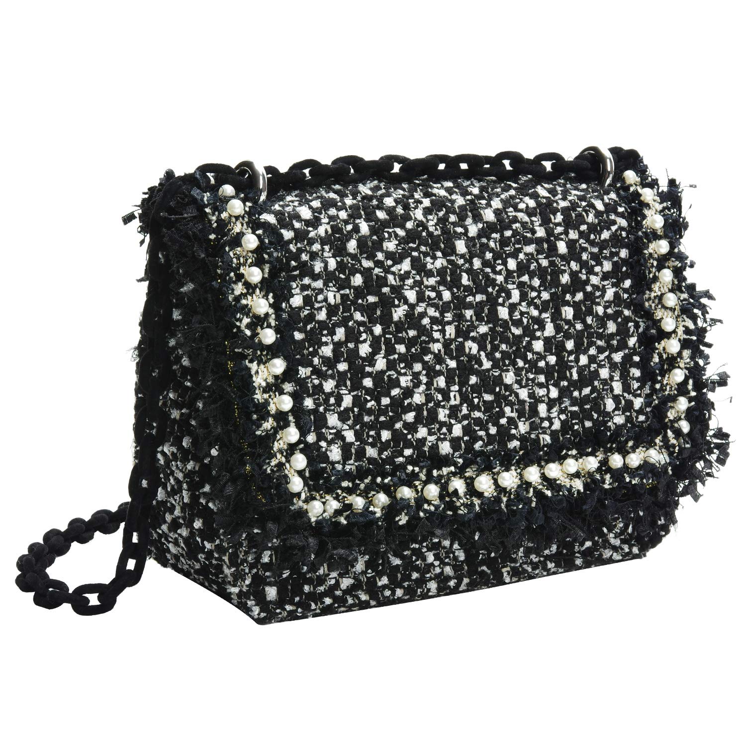 Tweed Crossbody Bags for Women PU Leather Pearls Shoulder Bag for Women Teen Girls - Classic Collection