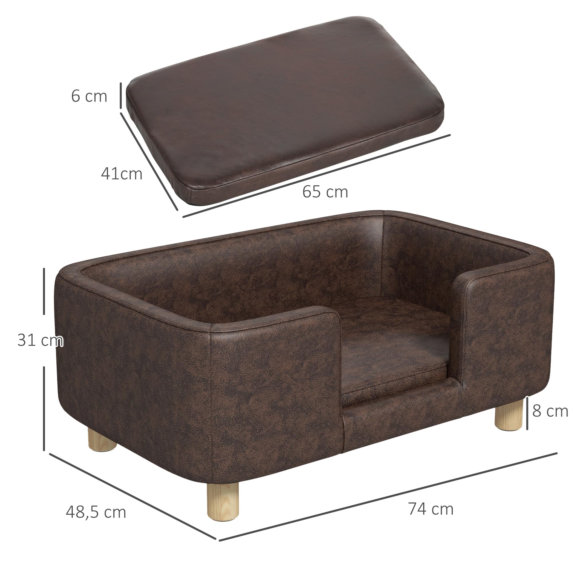 PawHut Canapé Chien lit pour Chien Chat avec Rebord Coussin Moelleux Pieds Bois Massif dim. 74 x 48,5 x 31 cm revêtement Micro-Fibre Chocolat