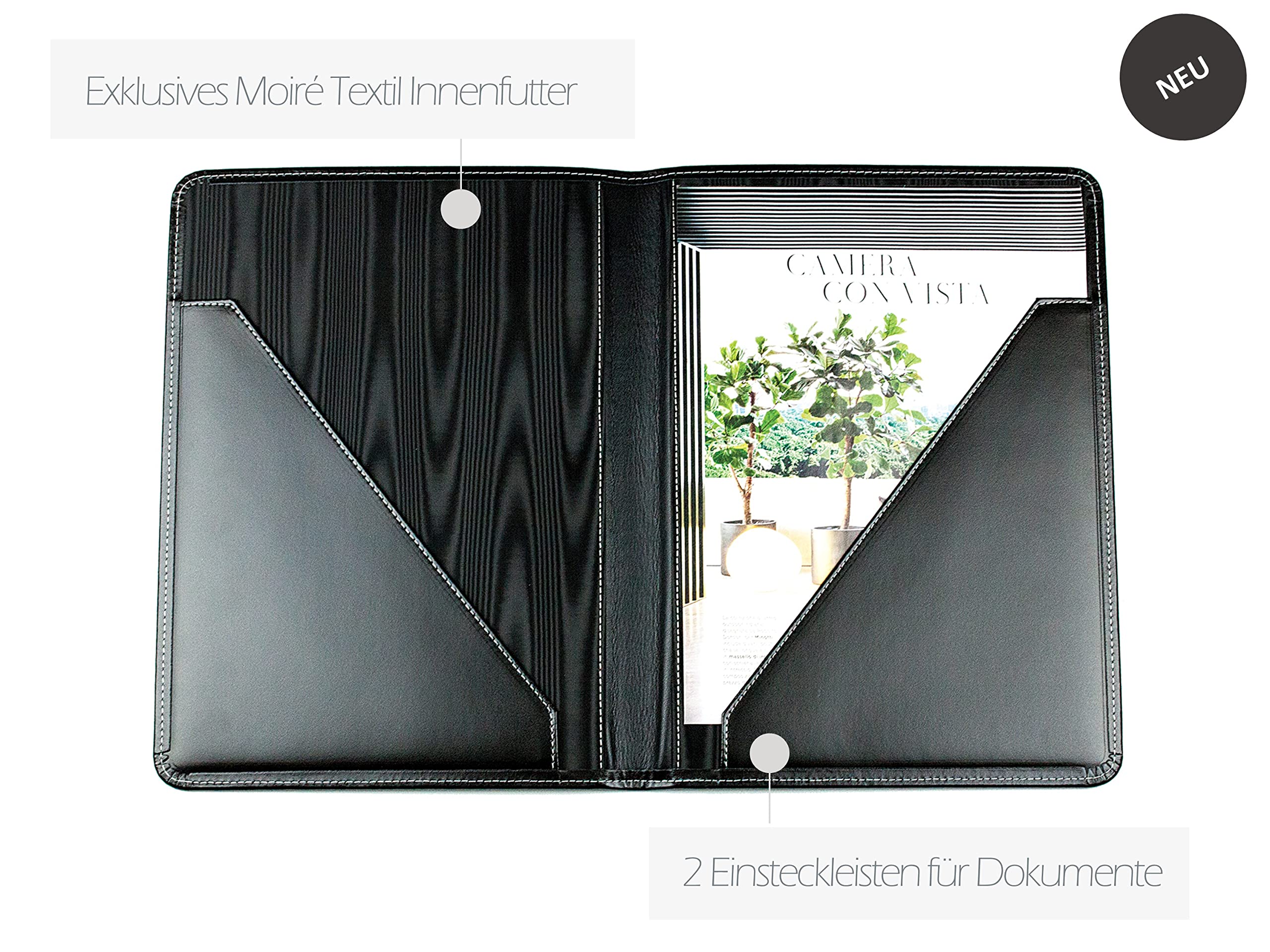 DELMON VARONE - Personalisierbare Urkundenmappe DIN A4 aus Cambridge Top Grain Leder schwarz, Dokumentenmappe mit 2 Einsteckfächer, Hardcover & Moiré Innenfutter für Dokumente, Zeugnisse & Urkunden