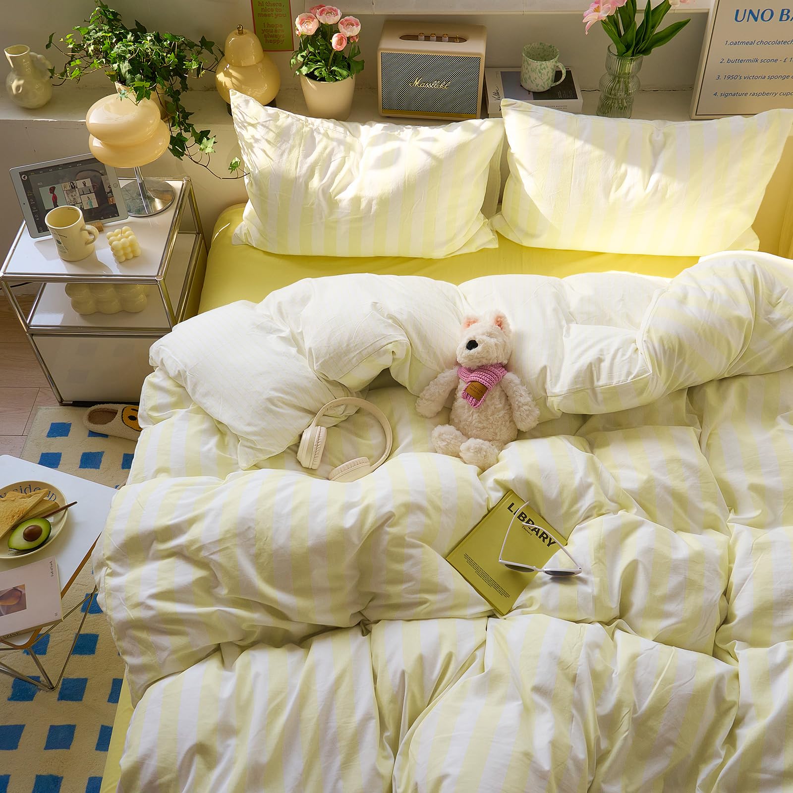 EAVD Boho Yellow and White Striped Duvet Cover Set Queen Washed Microfiber