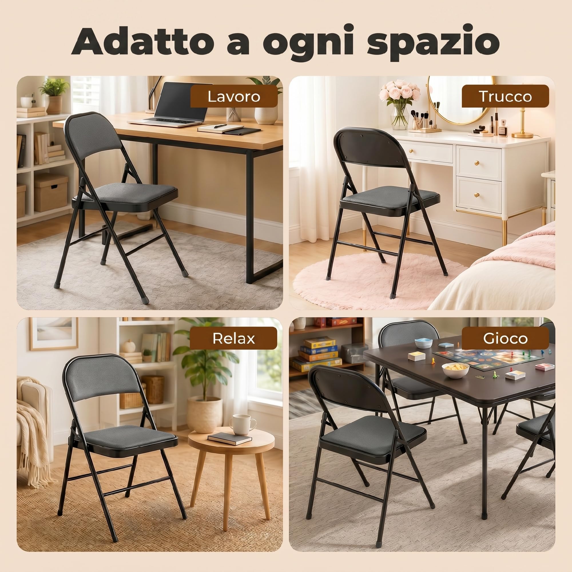 HOMCOM Set di 4 Sedie Pieghevoli Imbottite in Finta Pelle PU, Sedie Richiudibili Salvaspazio in Acciaio, Sedia Pieghevole da Interno per Casa, Ufficio, Festa ed Eventi, 45x46x78 cm, Nero
