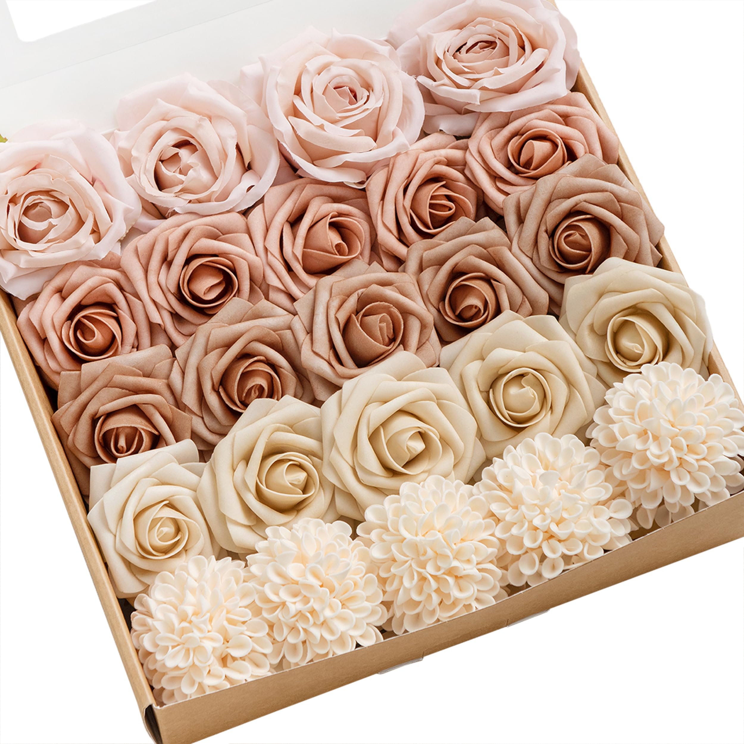 Ling's moment Artificial Flowers Fake Silk Roses Faux Foam Dahlia Combo for DIY Wedding Bouquets Centerpieces Arrangements Bridal Shower Party Home Decorations, Morandi Peach & Cream, 24pcs-image-20
