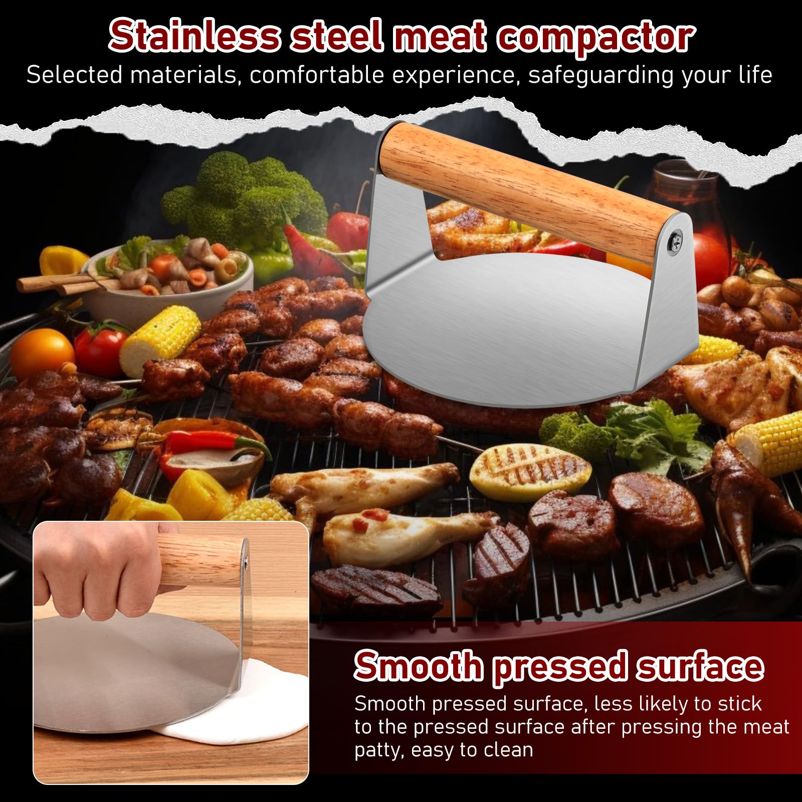 Set de 6 Pièces Smash Burger Press Kit, Acier Inoxydable, Cloche à Hamburger 15x6,5 cm, Presse à Hamburger, Spatule Plancha