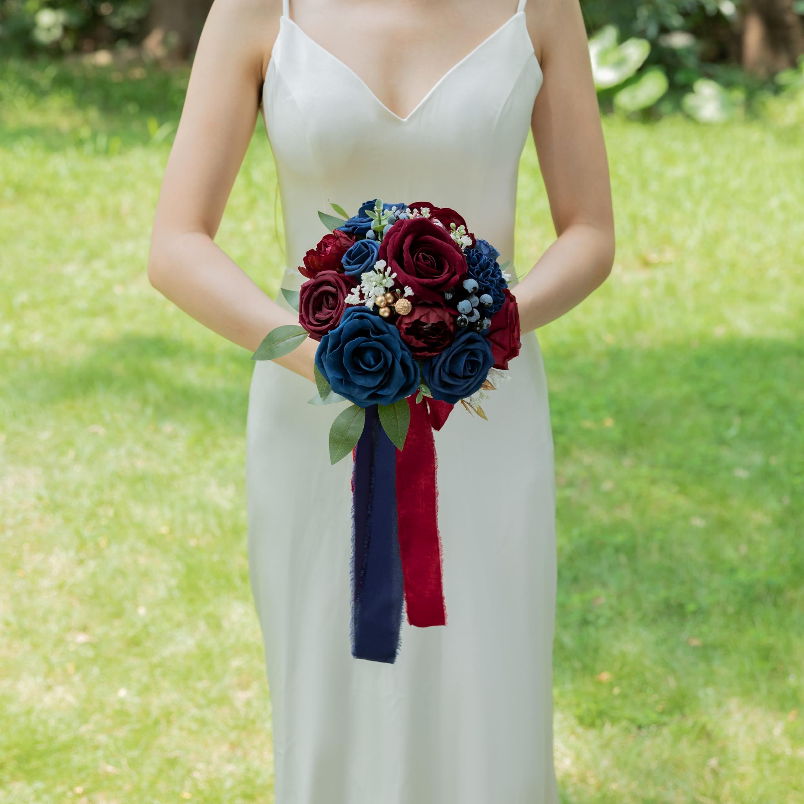 ponatia Navy Blue Wedding Bouquets for Bride Bridesmaid, BurgundyWedding Artificial Roses Flowers for Wedding Bouquets Ceremony, Anniversary (Burgundy & Navy Blue) : Home & Kitchen
