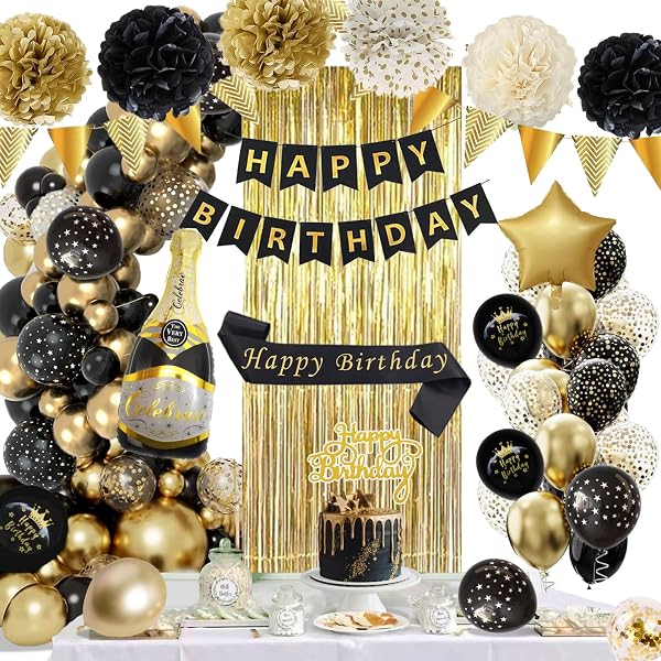 Decoration Anniversaire Noir et Or Ballons Décorations Kit avec Banderole Joyeux Anniversaire Pom Poms Confetti Echarpe Rideau pour Homme Femme - 1