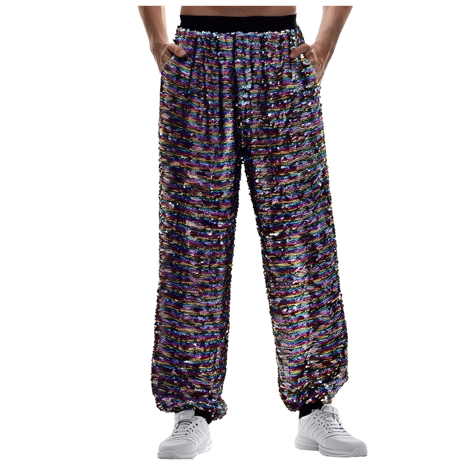 Pantalones de chándal informales con lentejuelas brillantes, puños elásticos, ideales para festivales, fiestas, salidas, estilo callejero cómodo.