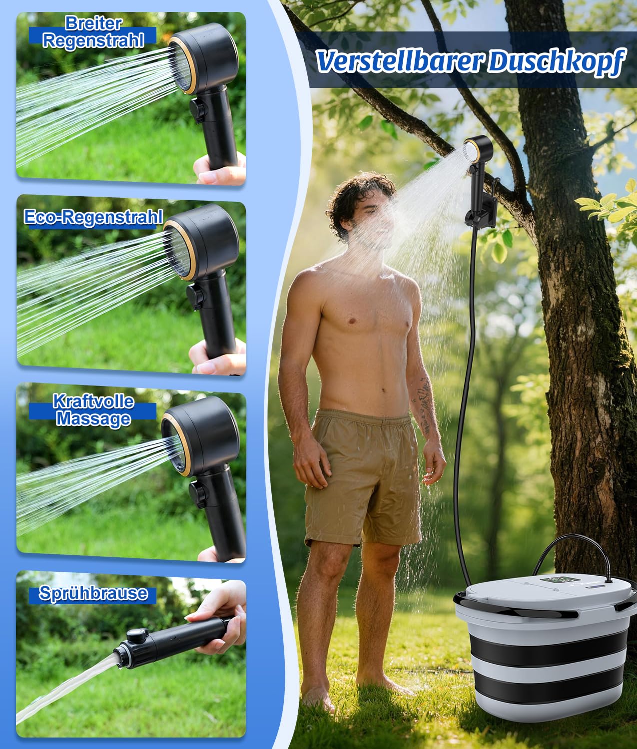 WADEO 2026 Campingdusche mit integrierter Pumpe 13000 mAh faltbarer Wassereimer 5 Geschwindigkeitsstufen 4 Strahlarten