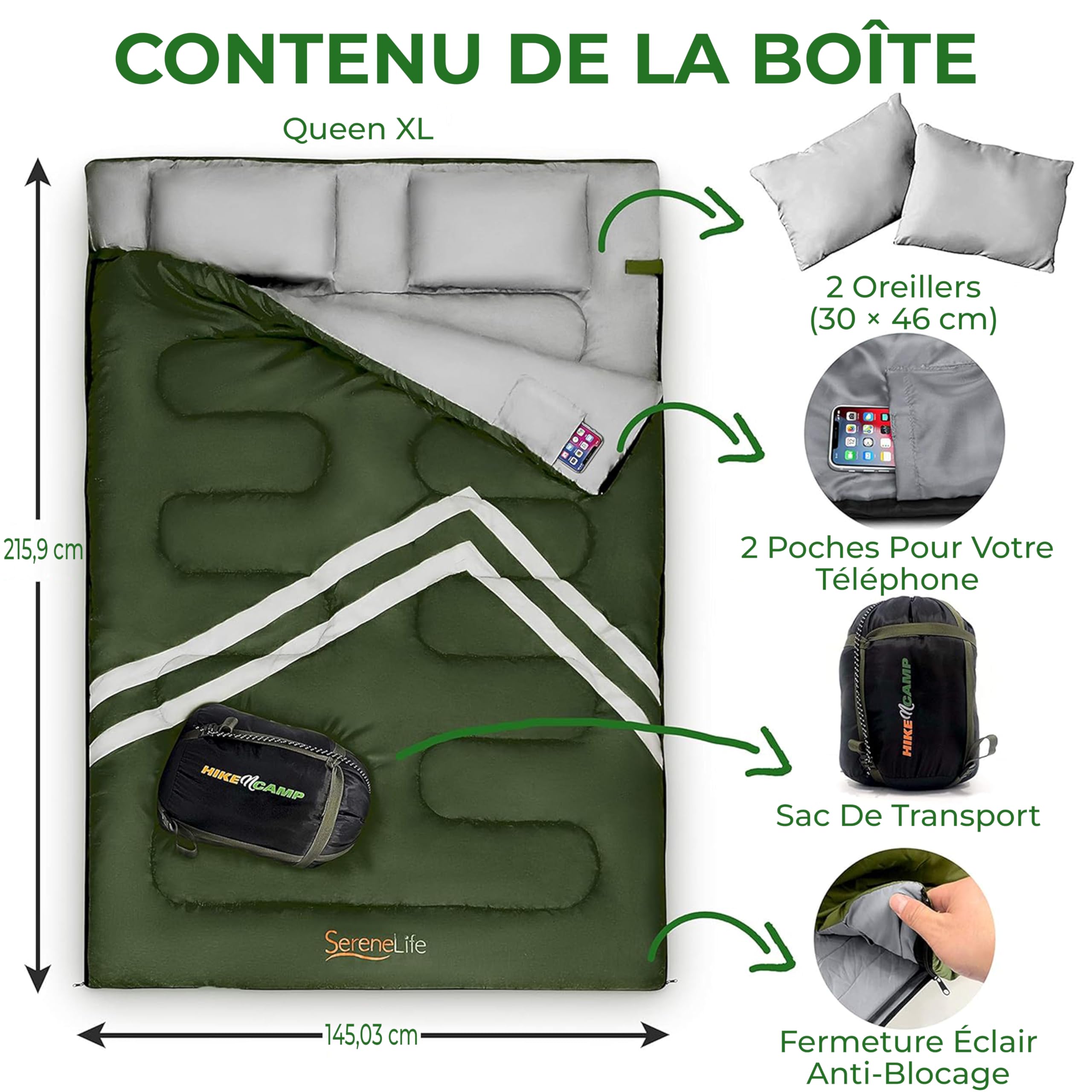 SereneLife Sac de Couchage Double avec Oreillers – Imperméable et Séparable en 2 Sacs Simples – Léger et Chaud – Camping, Randonnée, Trekking, Backpacking et Temps Froid – Température -15 à -12°C