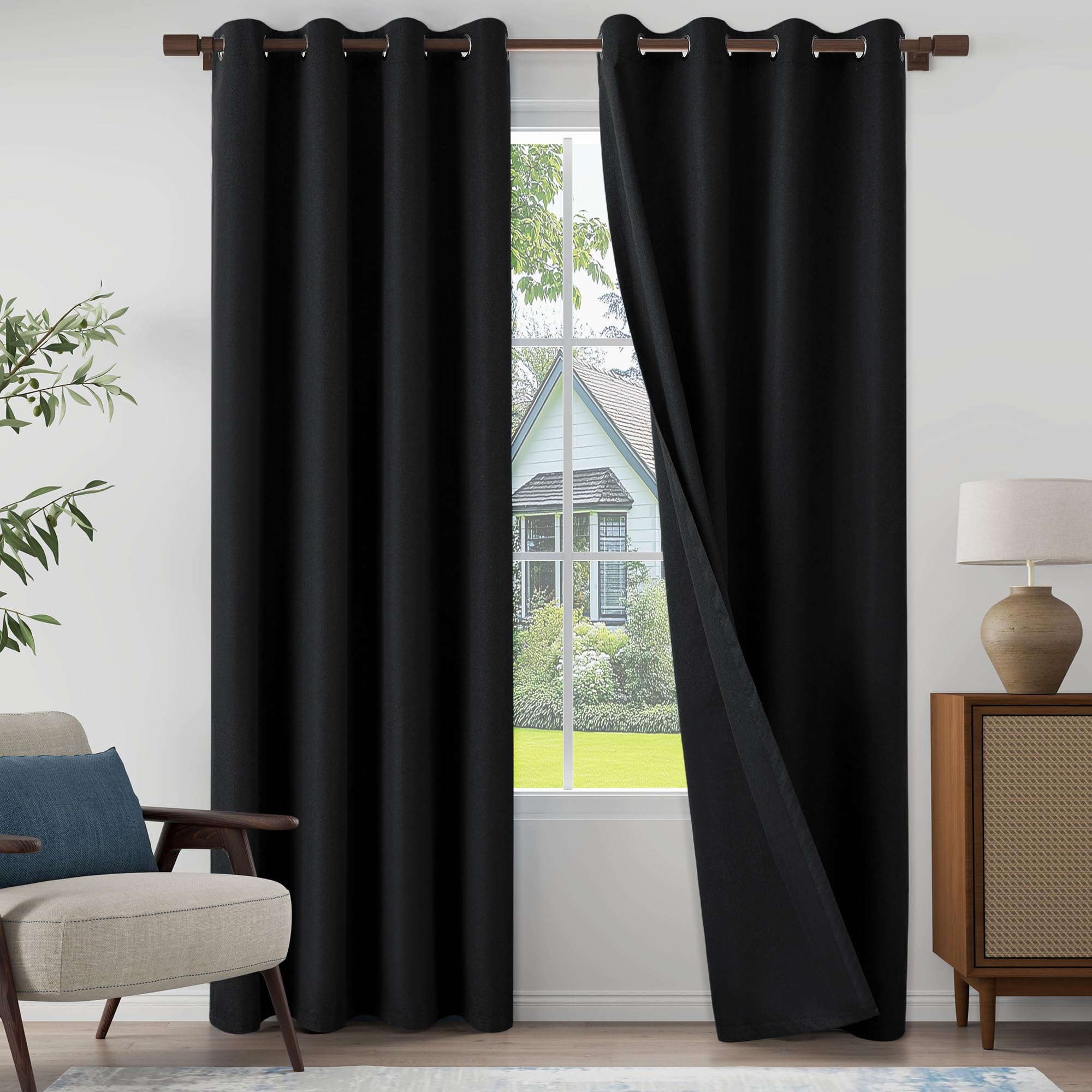 Photo 1 of 100% Blackout Linen Textured Curtains 80 Inch Length 2 Panels Set for Living Room, Bedroom, Light Weight Curtains with Grommets Top, Full Blackout Curtains Privacy Protection, Black, 52" W x 80" L