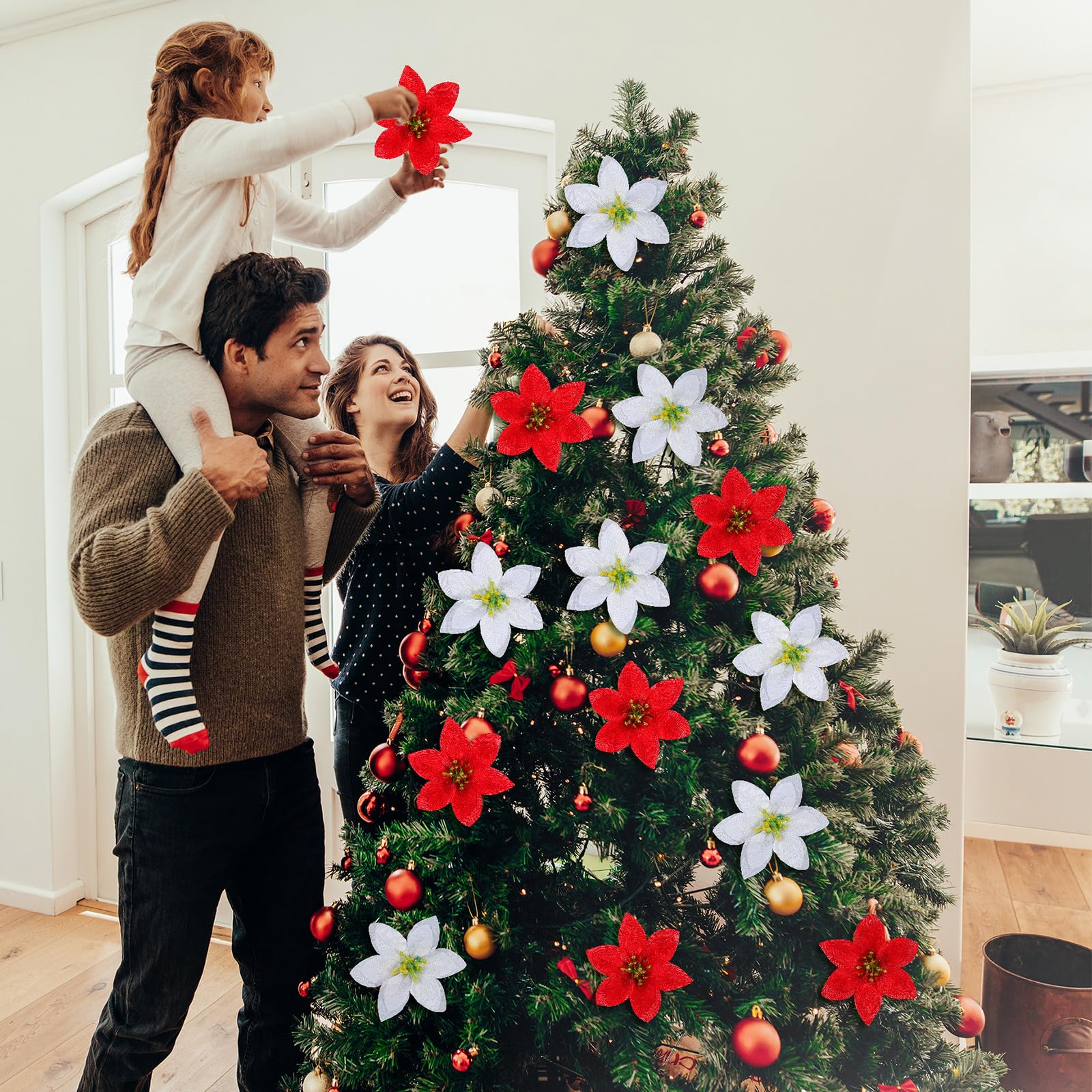 meekoo Lot de 48 poinsettia artificielles à 7 têtes avec tige pour décoration de maison, mariage, table, cour, cimetière (rouge, blanc)