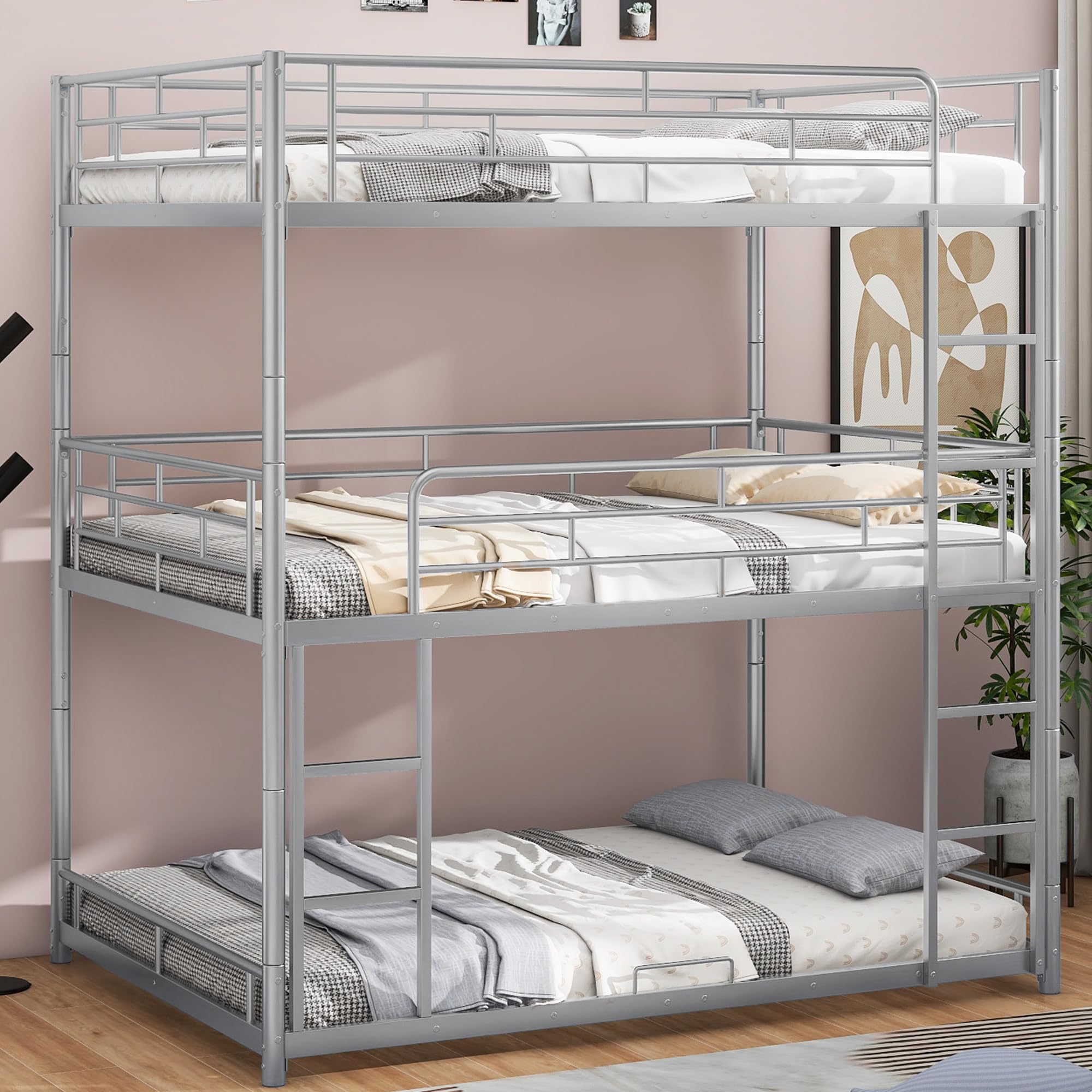 Metal Triple Bunk Bed Full Size, 3 Beds with Full Length Guardrail, Full Over Full Over Full Floor Bunk Beds, for Boys Girls Teens, Silver