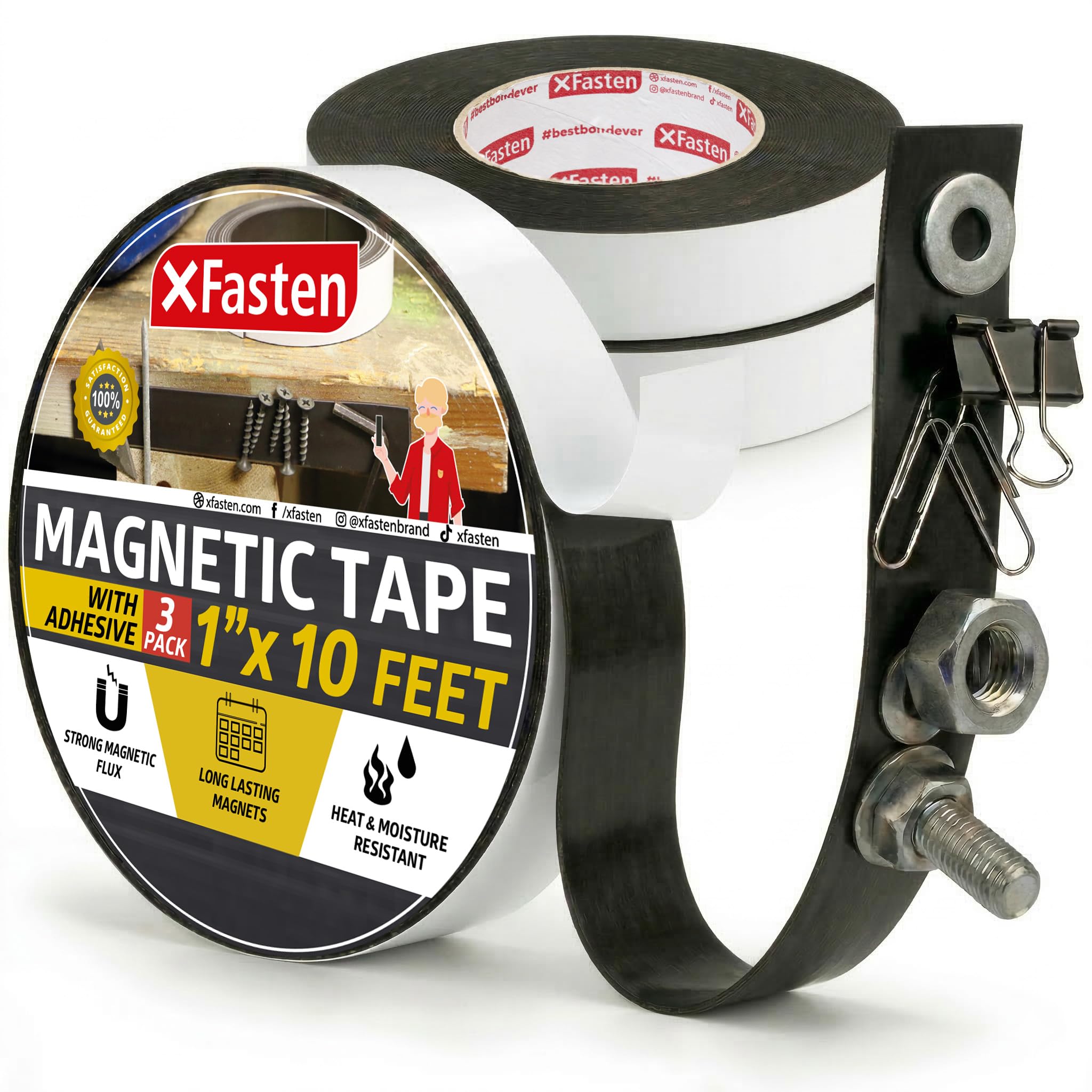 Photo 1 of XFasten 1-Inch X 10-Foot, 3-Pack Heavy Duty Magnetic Tape Roll, Sticky Magnetic Strips for DIY Projects, Strips with Adhesive Backing, Strong Magnetic Tape for Whiteboard, Classroom, DIY