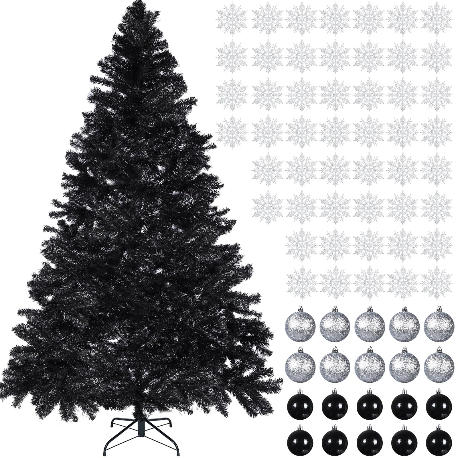 Libima 7.8 ft Black Christmas Tree with 1200 Branch Tip Metal Stand Artificial Full Christmas Tree Realistic Xmas Tree with 50 Snowflake and 20 Ball Ornament for Outdoor Holiday Carnival Party