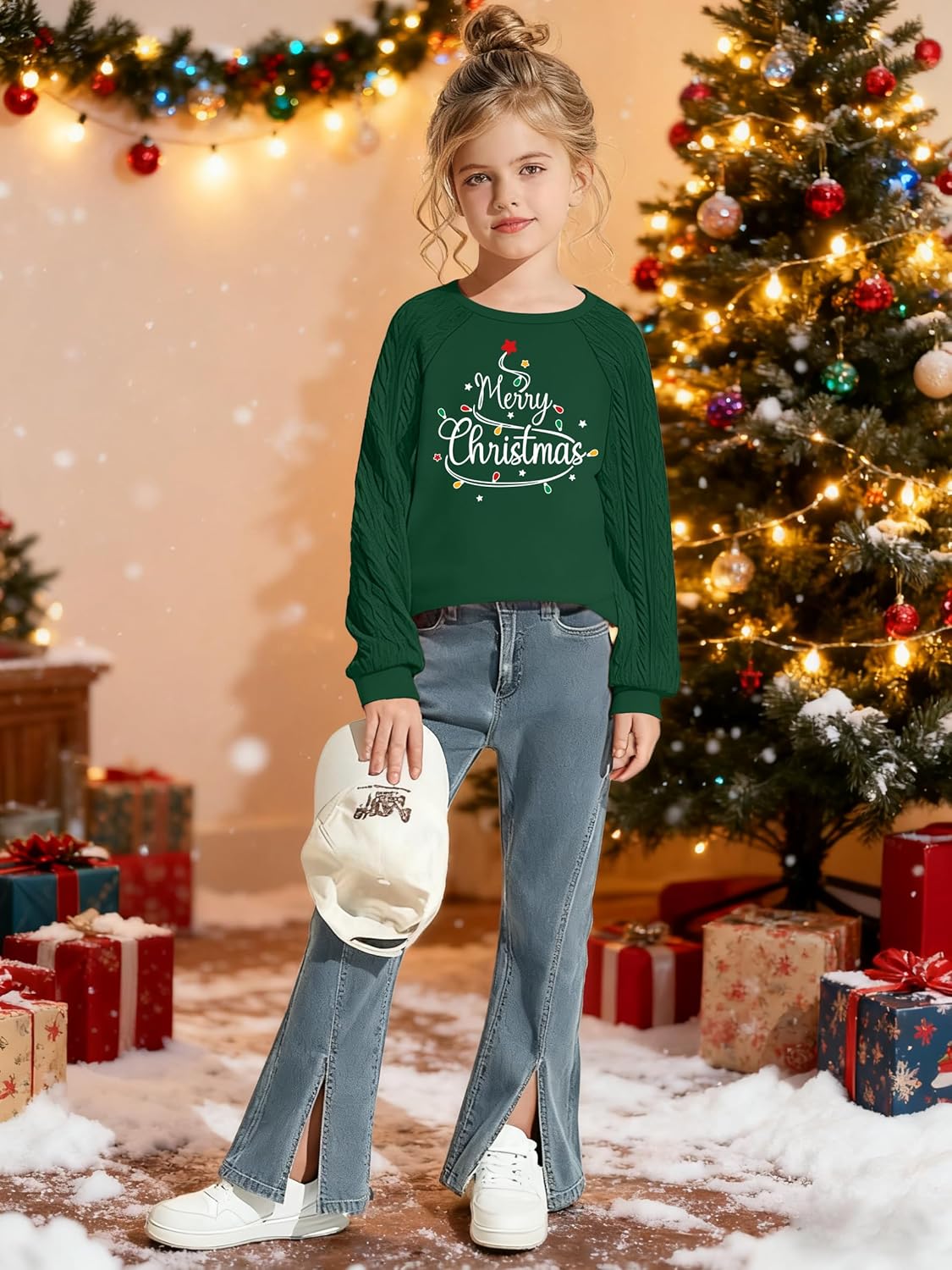 Girls Christmas Sweatshirts for Kids Merry Christmas Casual Cable Knit Long Sleeve Shirts Xmas Tree Tops - Image 3