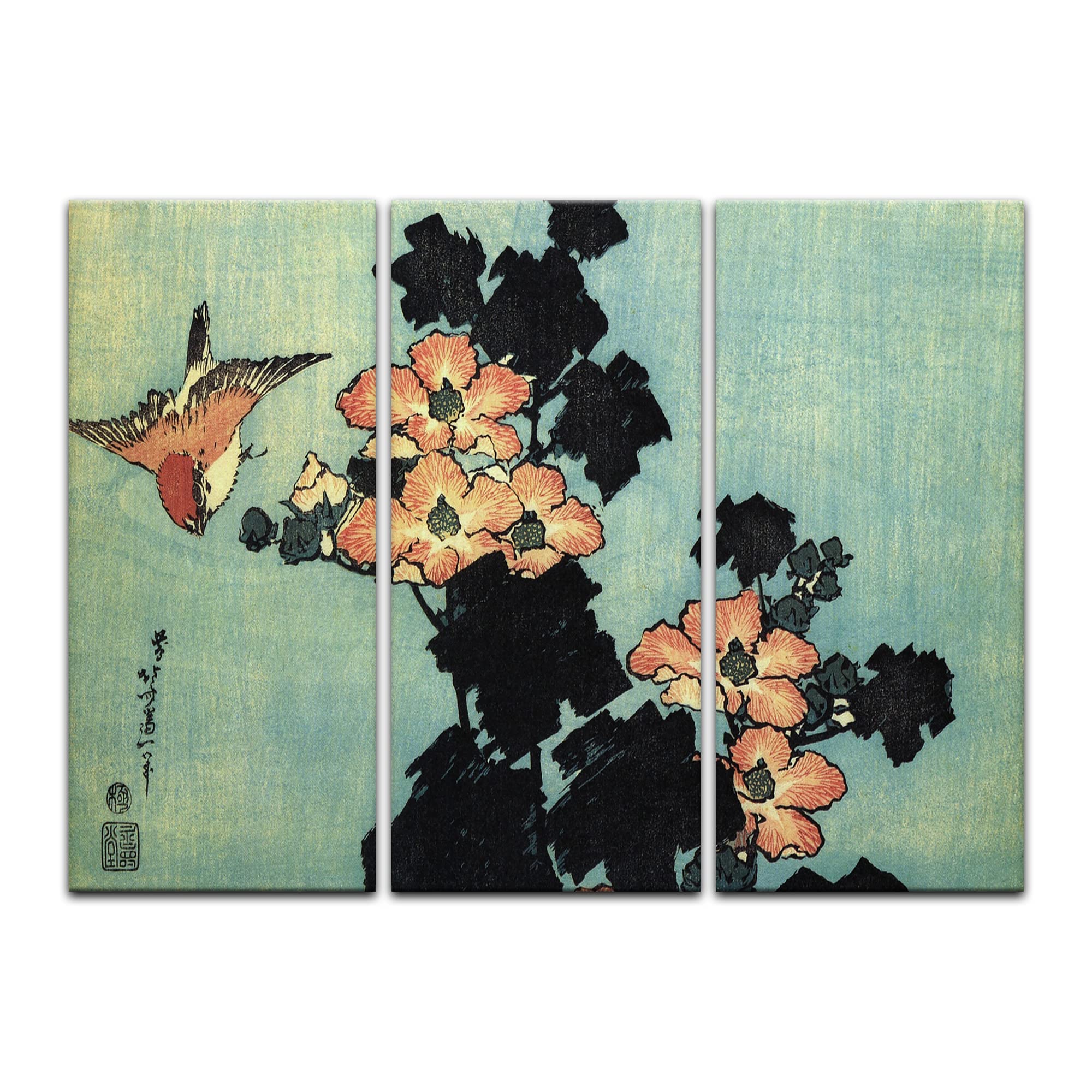 Bilderdepot24 Bild auf Leinwand | Katsushika Hokusai Hibiskus und Spatz in 120x80 cm mehrteilig als Wandbild XXL | Wand-deko Dekoration Wohnung alte Meister | 181095-120x80-3tlg