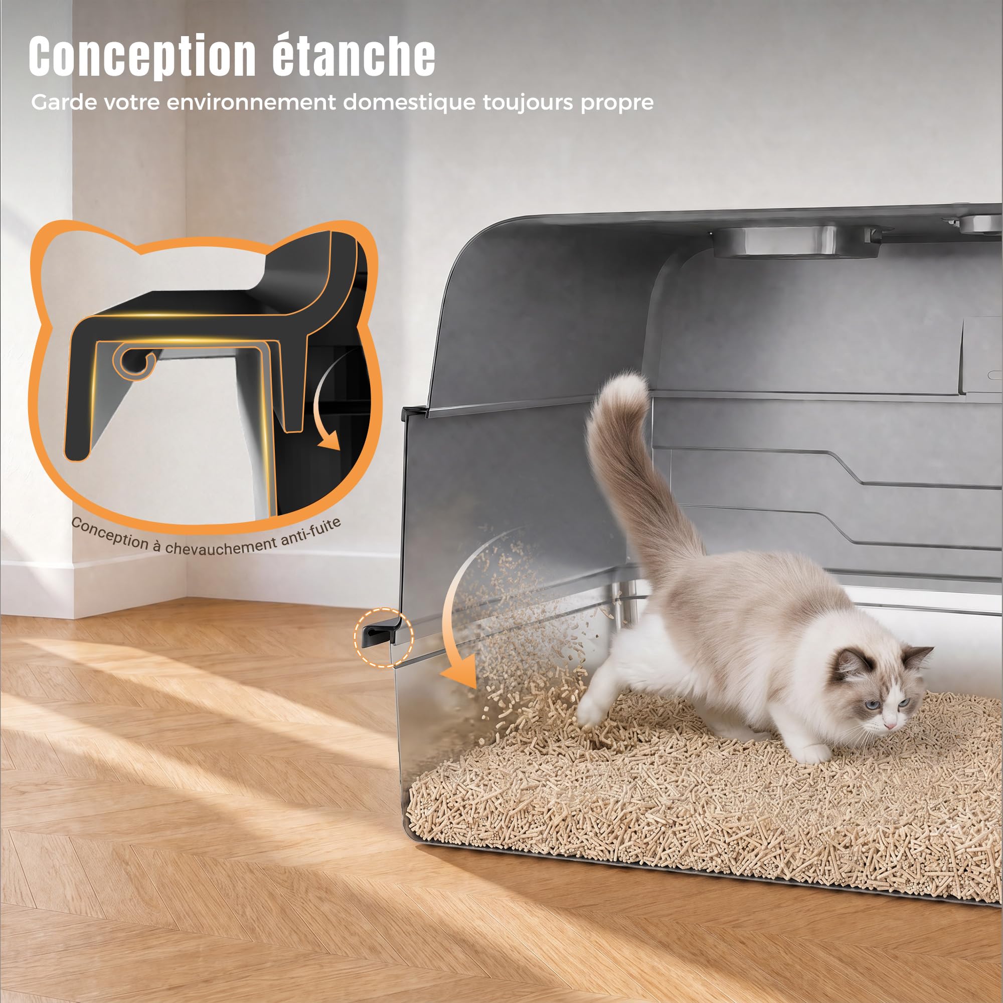 JUMMICO Bac A Litiere pour Chat XXXL, 120L Bac Litiere pour Chat – 3 en 1 (Ouvert/Semi-Fermé/Fermé), Couvercle Ouvert À 150°, Anti-Rayures, Anti-Fuites, Facile À Nettoyer, Plateau Anti-Sable