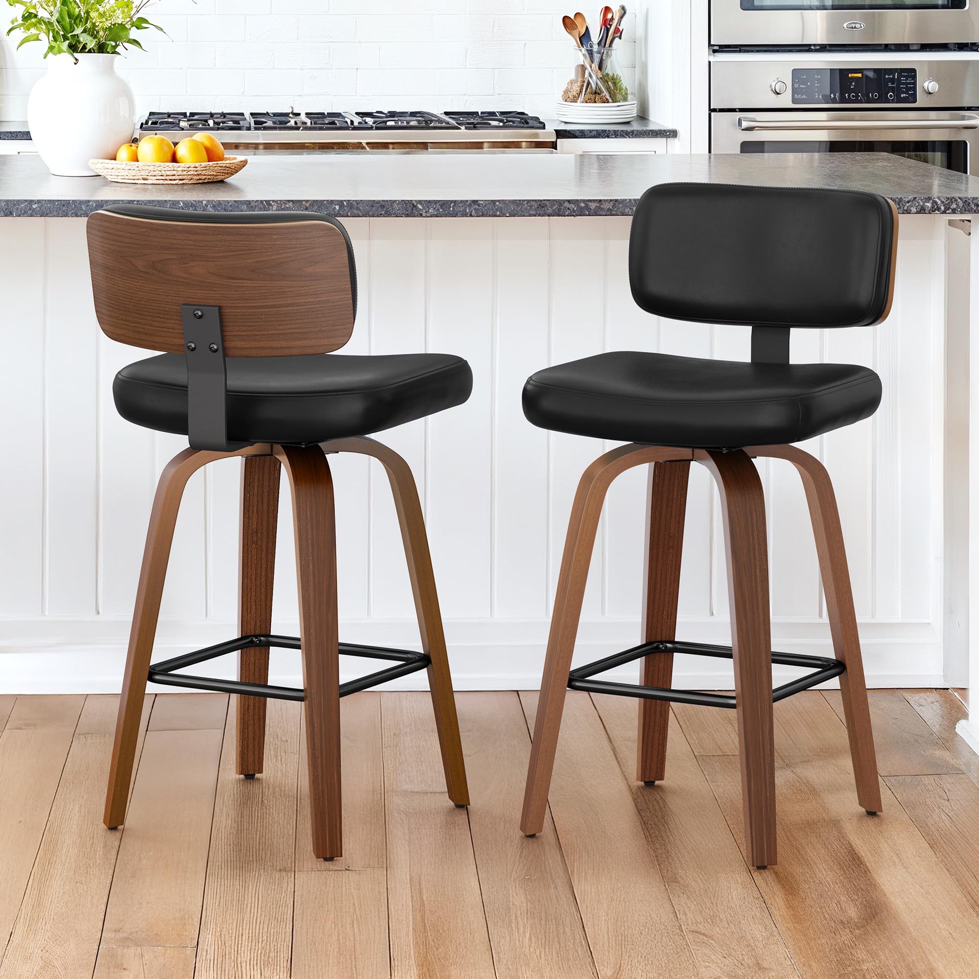 LUE BONA Tabouret Bar Rotatif sur 360°,Tabourets de Bar Lot de 2,Chaises de Bar avec Matelassé Simili Cuir,Hauteur 67 cm,Tabouret Bar Bois avec Dossier et Repose-Pieds,pour Cuisine,Bar,Noir