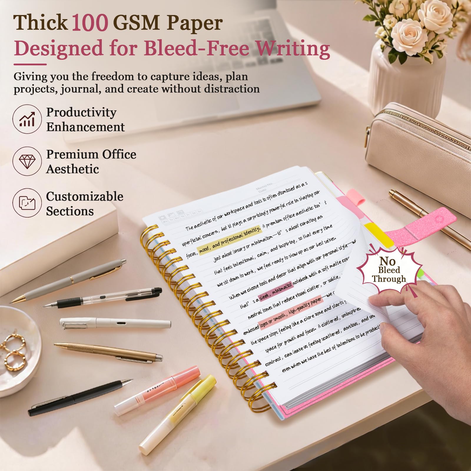 Spiral Notebook Journal 8.5''x 11'' 5 Subject Notebook with Dividers, 300 Pages Notebook College Ruled with Magnetic Closure, A4 Tabbed Notebooks for Work School, Sparkle Journal for Women (Pink)