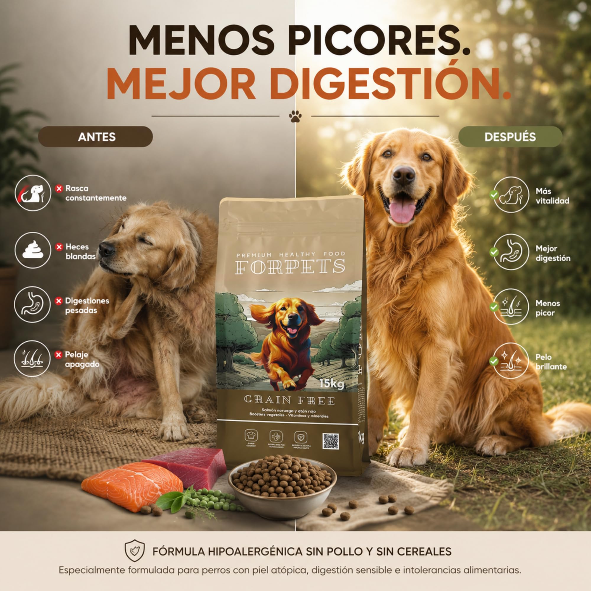 Pienso Hipoalergénico para Perros Sin Cereales 15 kg | Salmón Noruego | Perros Alérgicos, Digestión Sensible y Piel Atópica | Sin Pollo | Pienso Grain Free | FORPETS