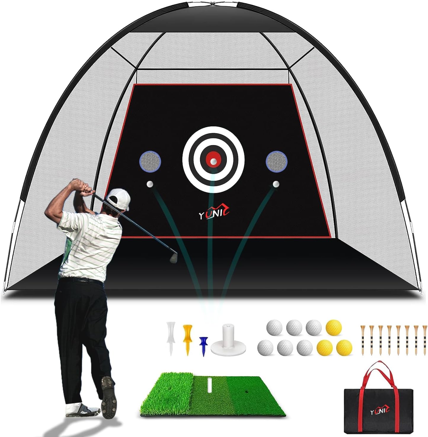 Golf Practice Net with Tri-Turf Mat - All-in-One Home Golf Hitting Aid for Backyard Driving, Chipping, Swing Training