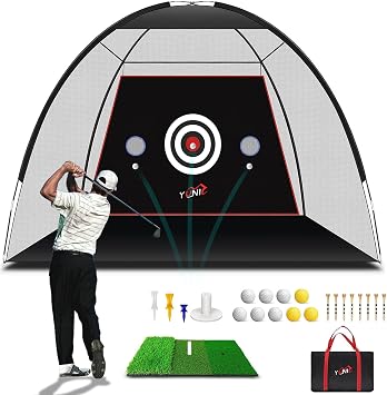 Golf Practice Net with Tri-Turf Mat - All-in-One Home Golf Hitting Aid for Backyard Driving, Chipping, Swing Training
