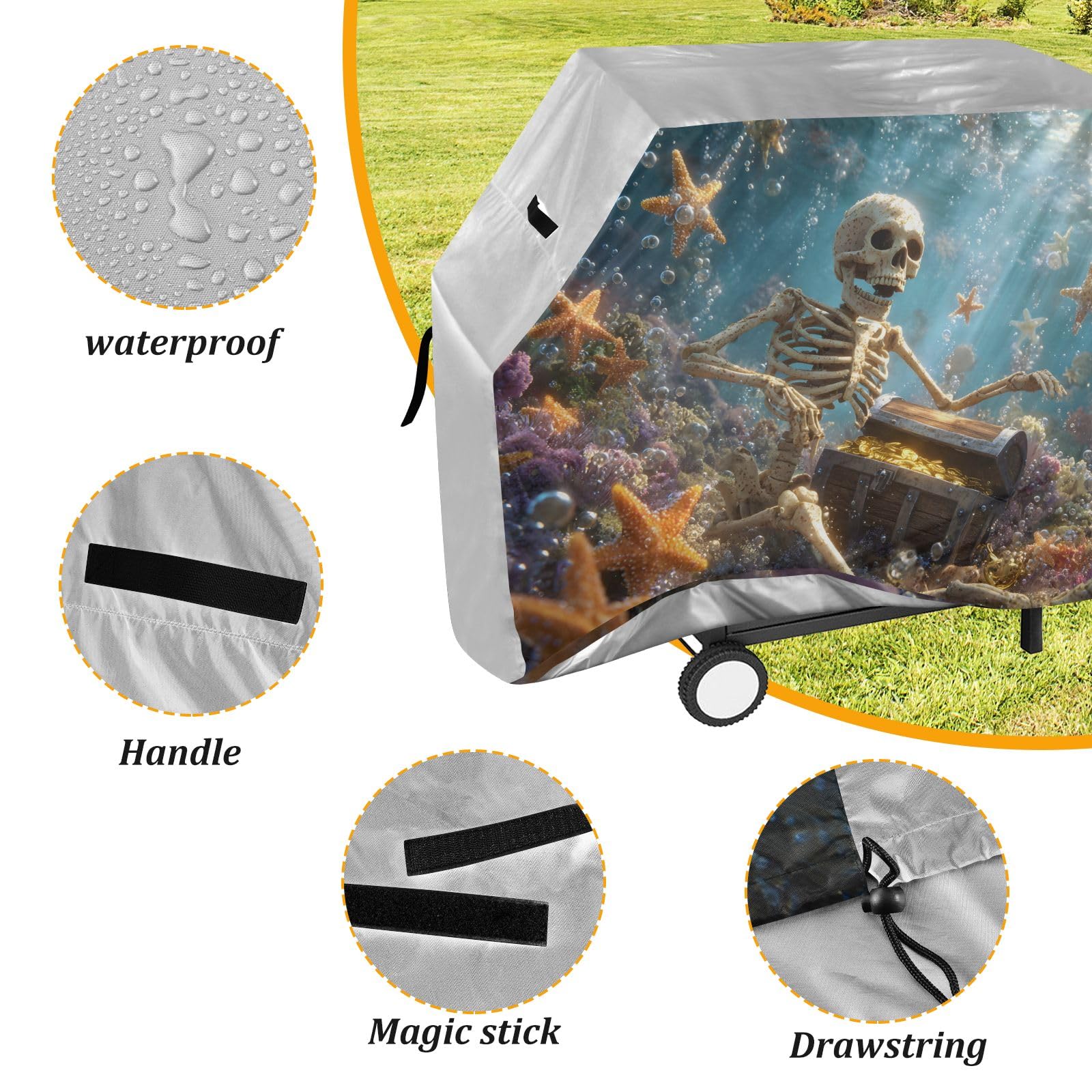 Copertura per barbecue di alta qualità, impermeabile, resistente allo sbiadimento, resistente, adatta per griglie fino a 63 cm, motivo: teschio felice e stella marina