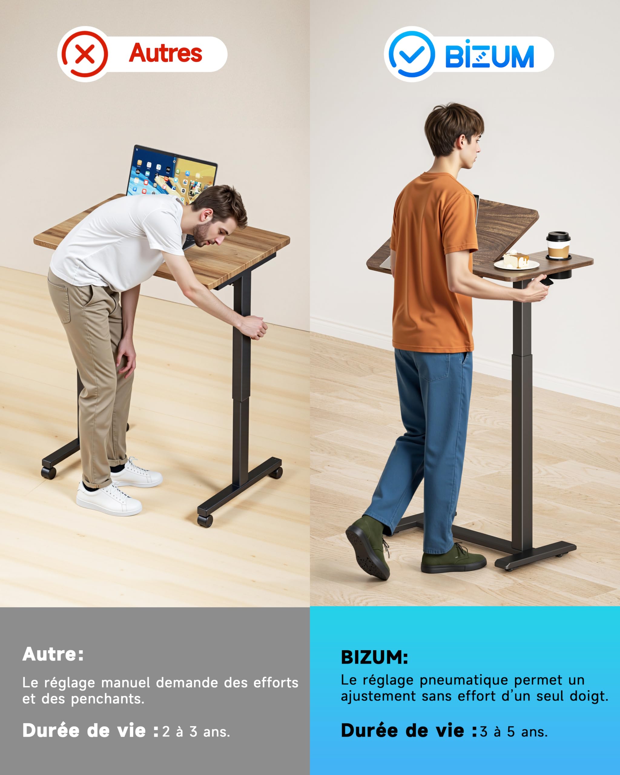 BIZUM Table de lit mobile pneumatique à hauteur réglable, plateau inclinable, roulettes escamotables, table médicale 70x40 cm, idéale pour soins, lecture et télétravail, Noyer