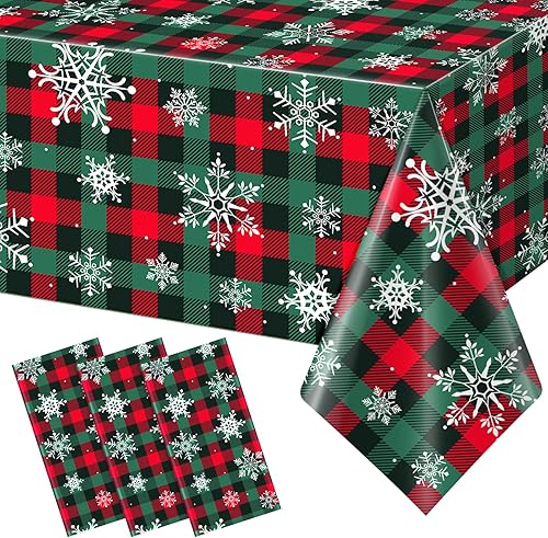 Miniatura 1 de 3 manteles de fiesta de Navidad con diseño de copos de nieve, manteles rectangulares de plástico rojo y verde a cuadros para invierno, Navidad, Año