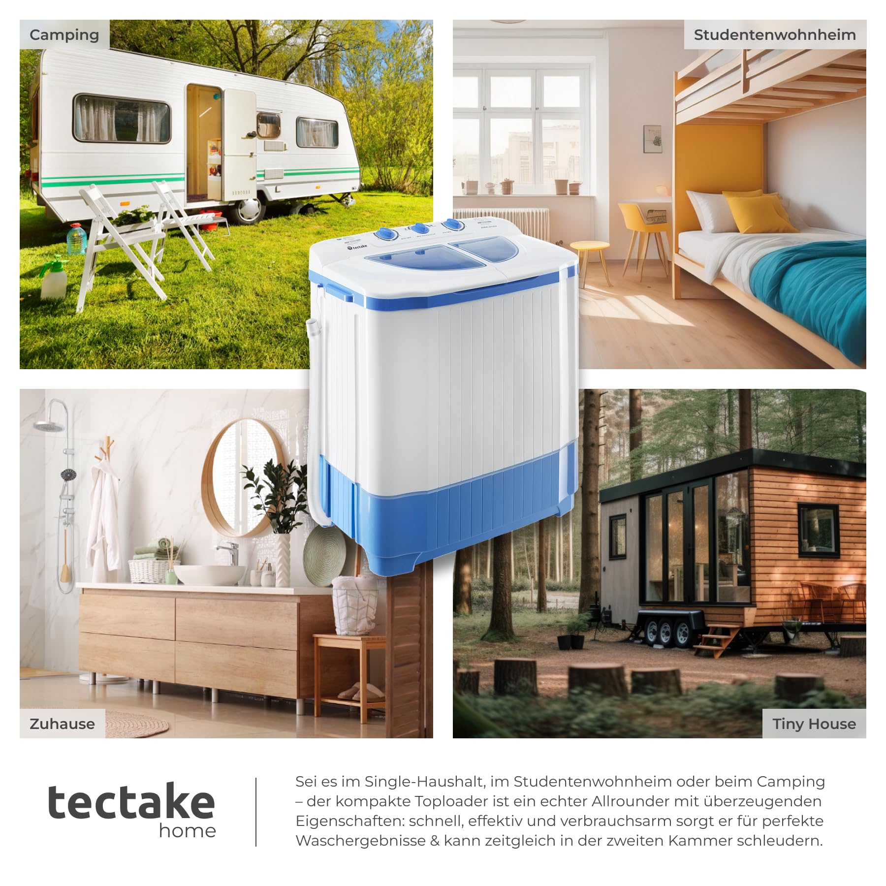 tectake® portable, mobile 4,5 kg Mini Waschmaschine + 3,5 kg Wäscheschleuder Kombination, Toplader für Camping und Reise, Toploader Reisewaschmaschine