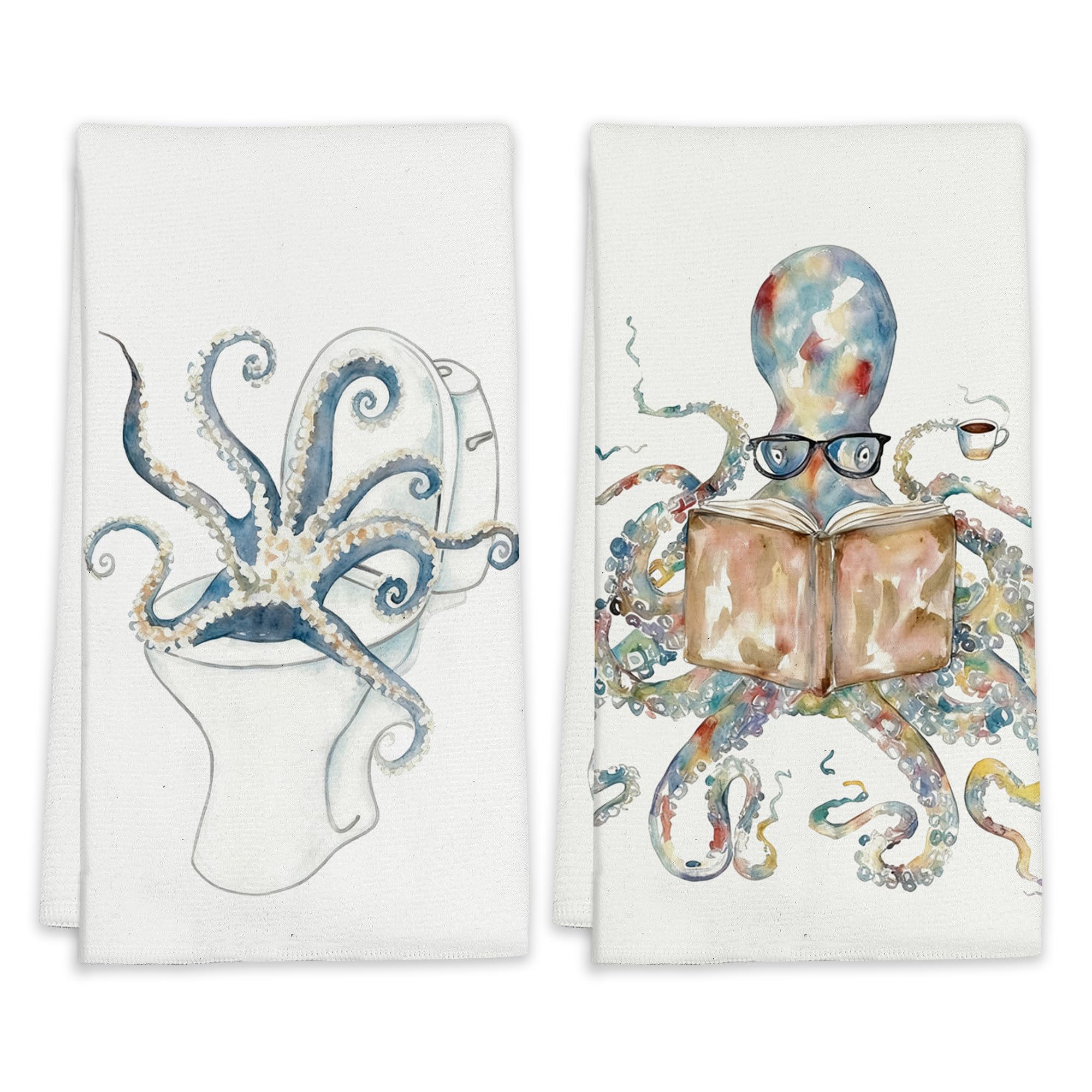 LUOENY 2 Pcs Octopus Tea Towels Set Absorbent Quick Dish Cloths Hand Towels Reusable Bar Hand Dishcloths Decor for Bathroom Kitchen Home Supplies, 45x60 cm