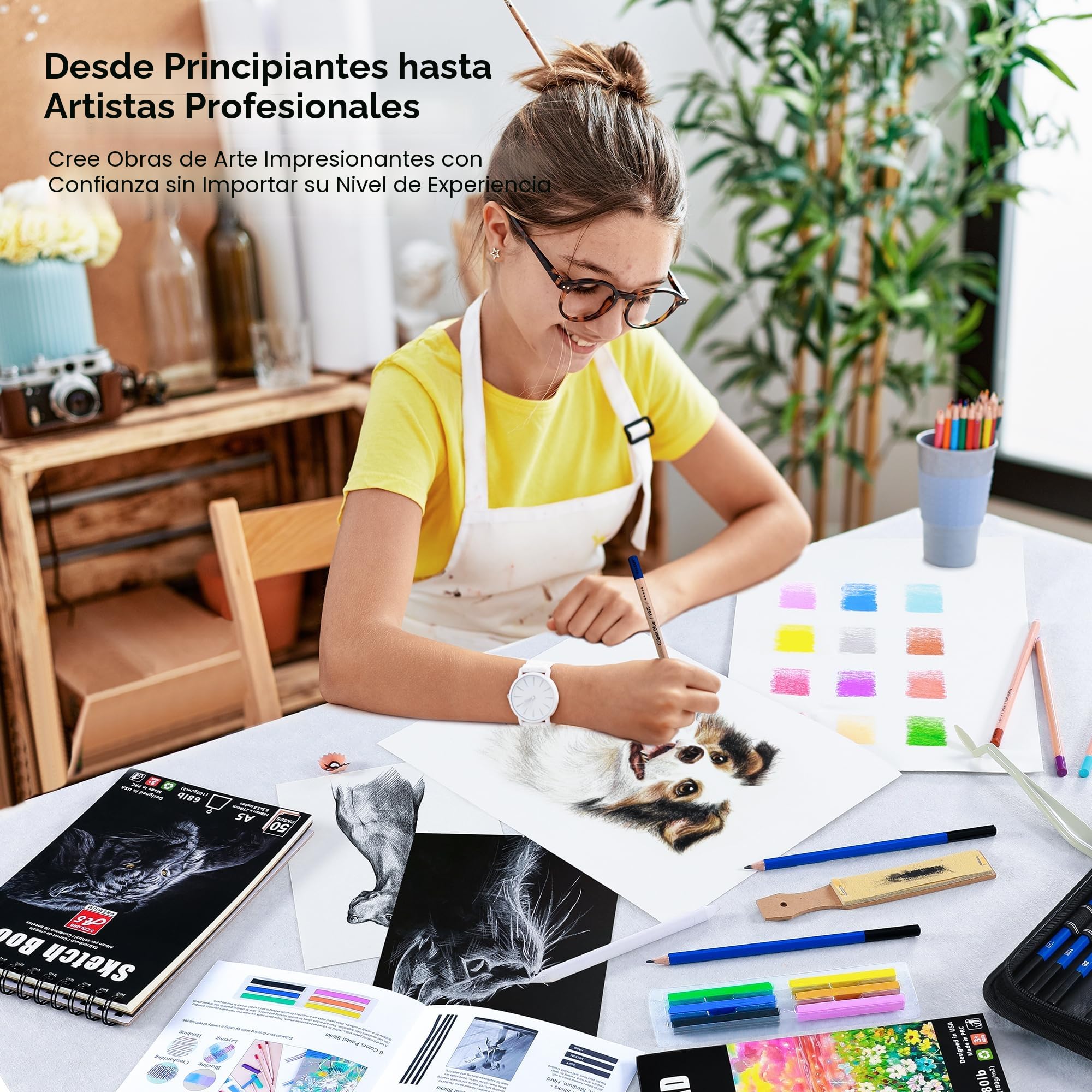 KALOUR Juego de Arte de Dibujo y Boceto de 95 Piezas con Libro de Bocetos de 3 Colores y Papel Pastel – Lápices de Grafito, Carbón y Pastel – Kit Completo de Artista para Principiantes y Profesionales