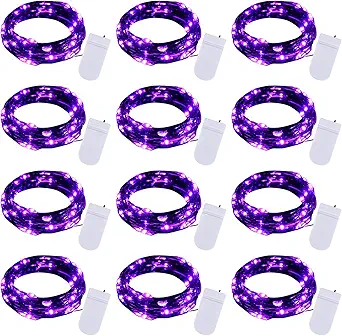 Halloween Purple Fairy String Lights: 12 Pack 7 Ft 20 LED Battery Operated Firefly Lights on Black Wire Starry Moon Lights for DIY Party Bedroom Patio