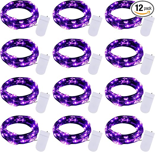 Halloween Purple Fairy String Lights: 12 Pack 7 Ft 20 LED Battery Operated Firefly Lights on Black Wire Starry Moon Lights for DIY Party Bedroom Patio