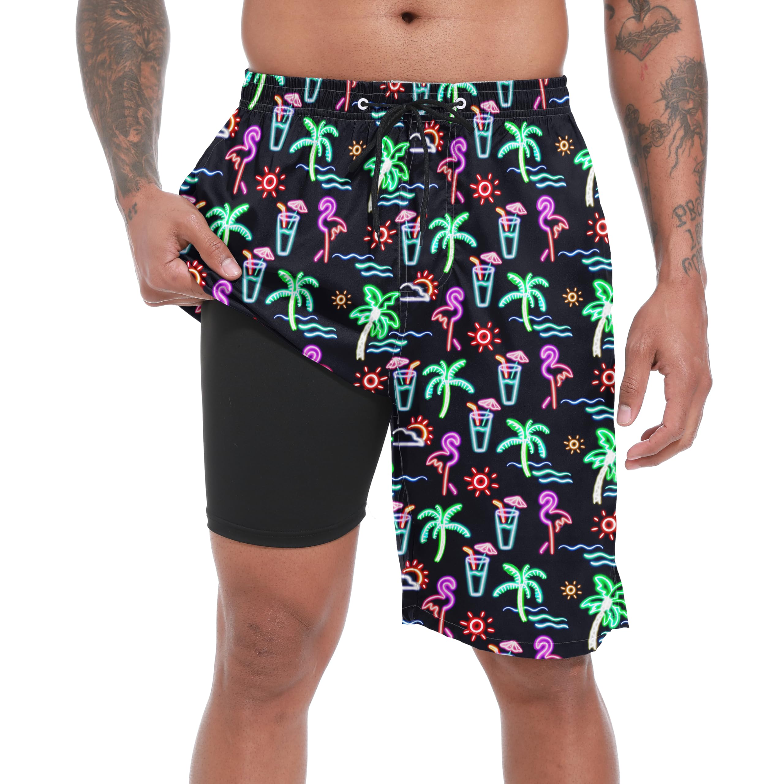FT FENTENG Mens Swim Trunks with Compression Liner 9" Big and Tall Board Shorts 2 in 1 Quick Dry Long Swimwear Bathing Suits
