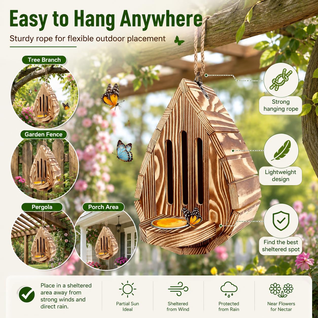 Schmetterlingshaus für den Garten, Holz-Futterstation in Tropfenform, Bienen- und Schmetterlings-Futterstation mit Puddler, wetterfeste Hofdekoration für Käfer, Motten und Florfliegen