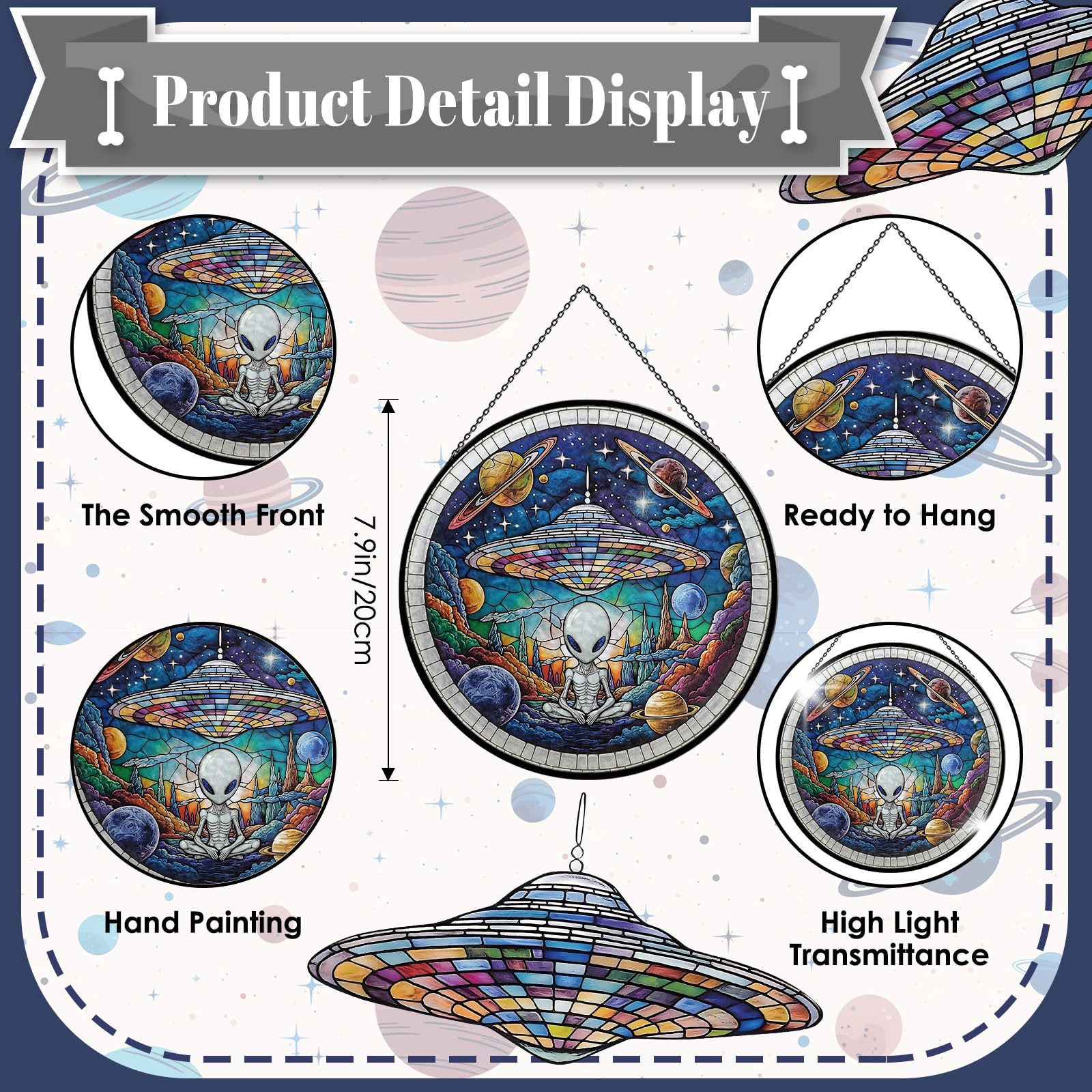 Alien Spaceship Stained Glass Window Hanging, 7.9" UFO Sun Catcher Glass Panel Boho Wall Art Decor, Hand Painted Round Ornament for Friends, Art Lover, Astronomer