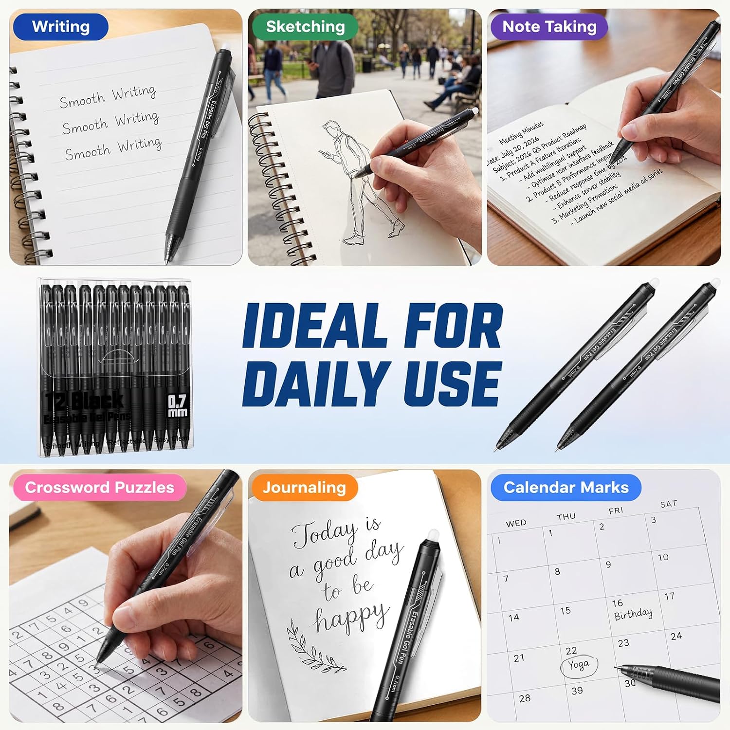  Retractable Erasable Gel Pens, 12 Solid Black Fine Point 0.7 mm thumbnail