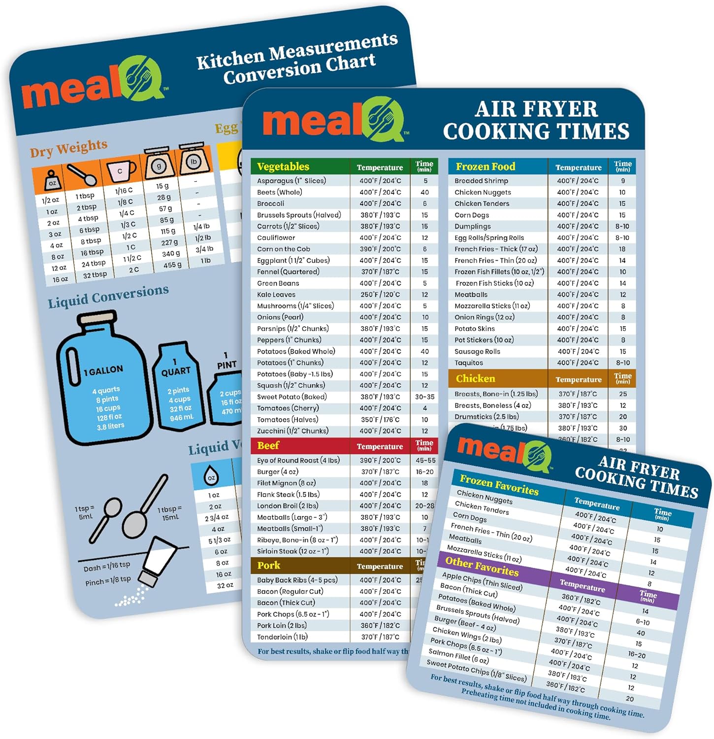 mealQ Air Fryer Cheat Sheets, Set of 3, Quick Reference