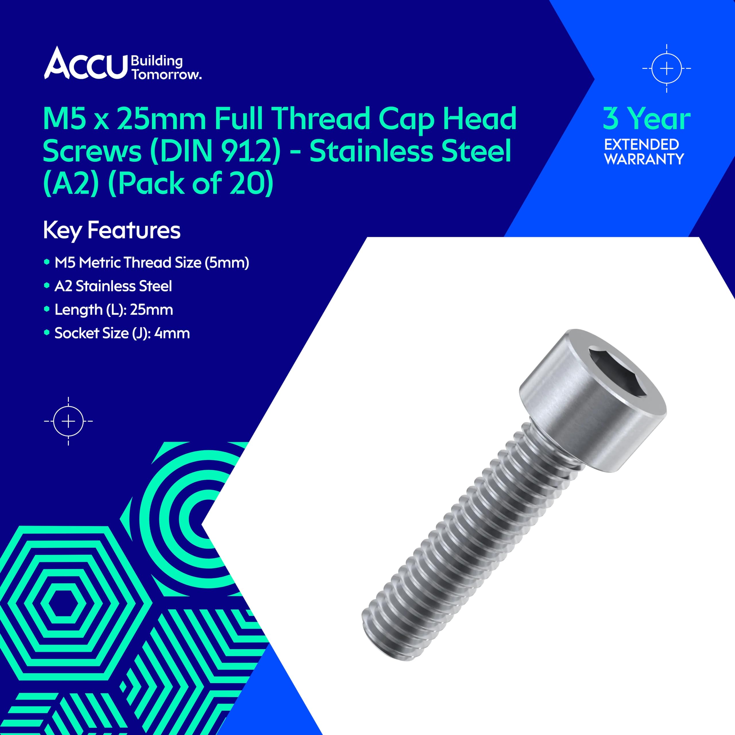 Accu - M5 x 25mm Full Thread Cap Head Screws (DIN 912) - Stainless Steel (A2) (Pack of 20) - Image 2