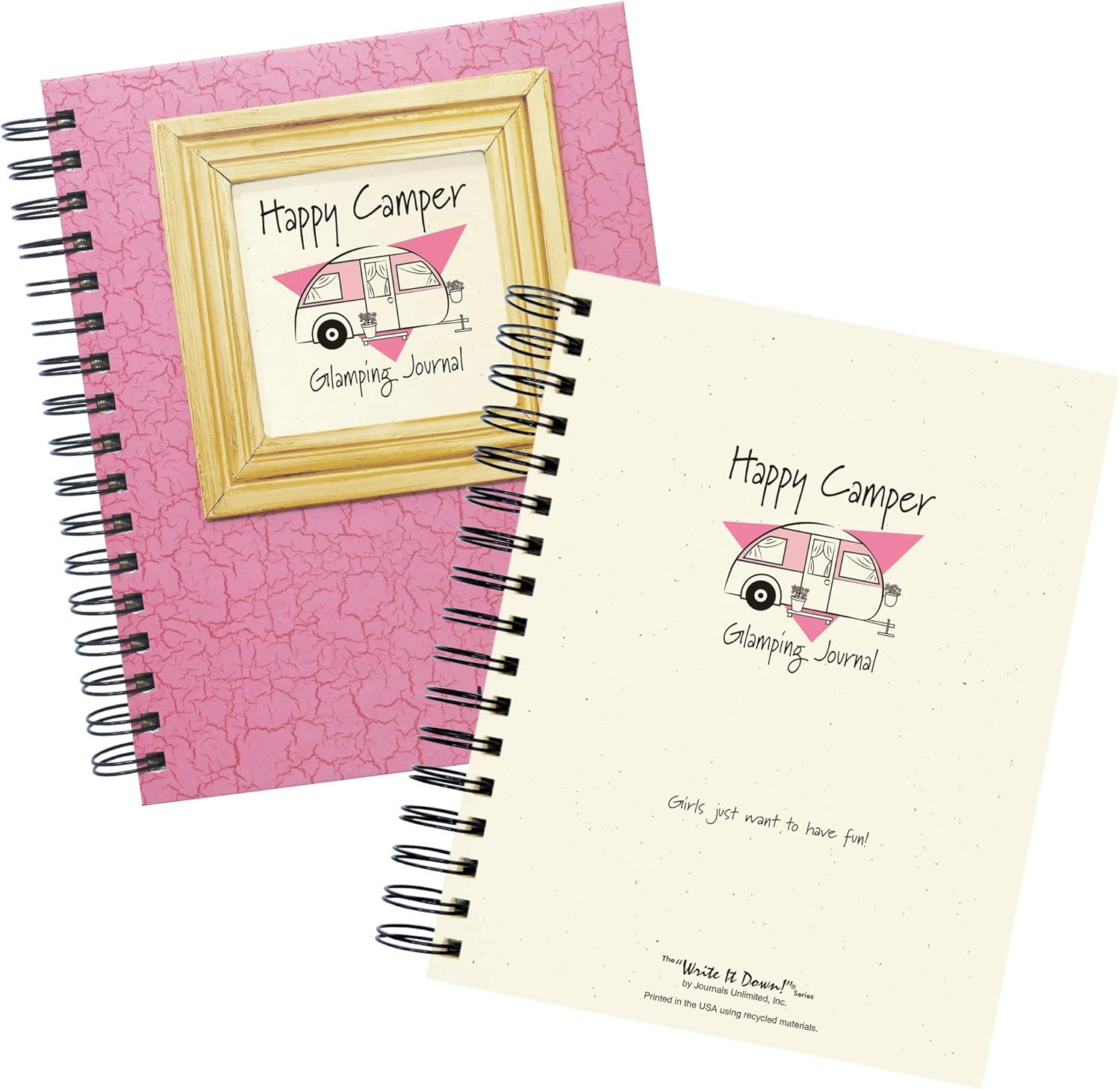 Write it Down series by Journals Unlimited, Guided Journal, Happy Camper, Glamping Journal, Full-size 7.5"x 9", Pink Hard Cover, Made in USA