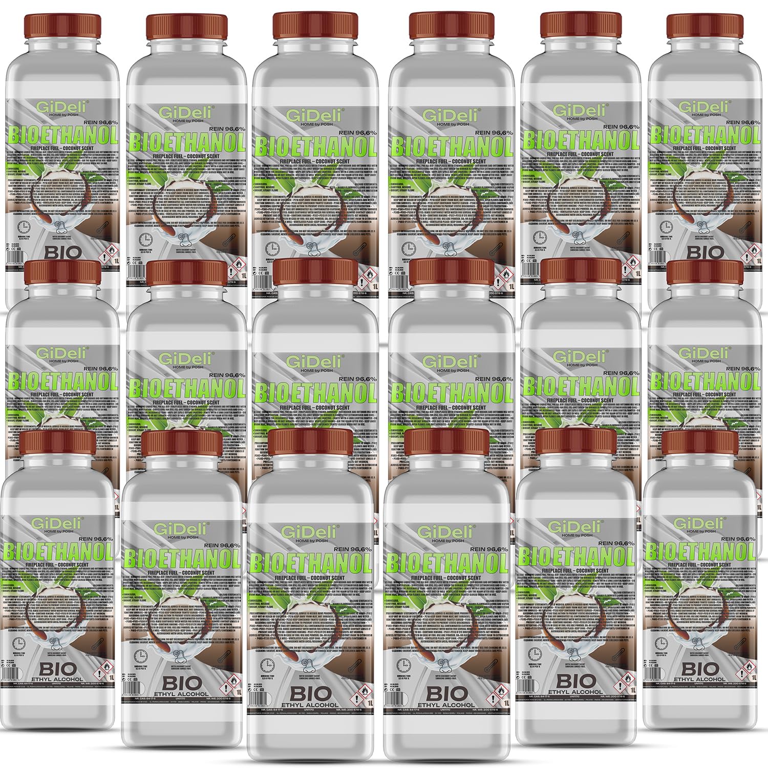 GiDeli Bioetanolo 18 x 1 l profumo di cocco 96,6% etanolo per camini interni ed esterni, senza fumo e fuliggine, da mais e barbabietola da zucchero