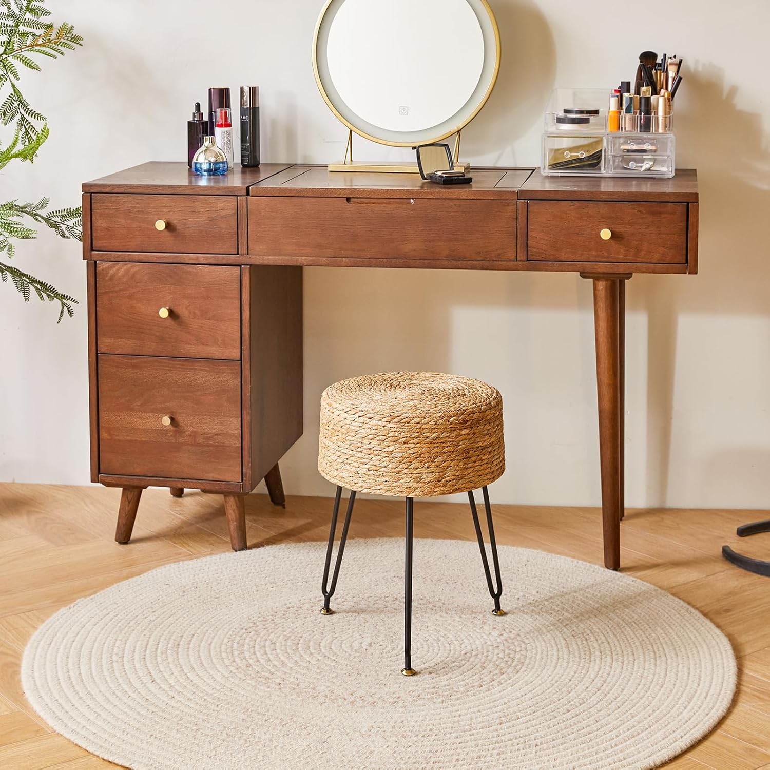 YMYNY Pouf Ottoman, Handmade Natural Water Hyacinth, Pastoral Style Footrest, Footstool with 4 Metal Legs Round Vanity Stool for Bedroom, Hallway, Living Room 12.59"L×12.59"W×17.71"H Natural UHBD029N