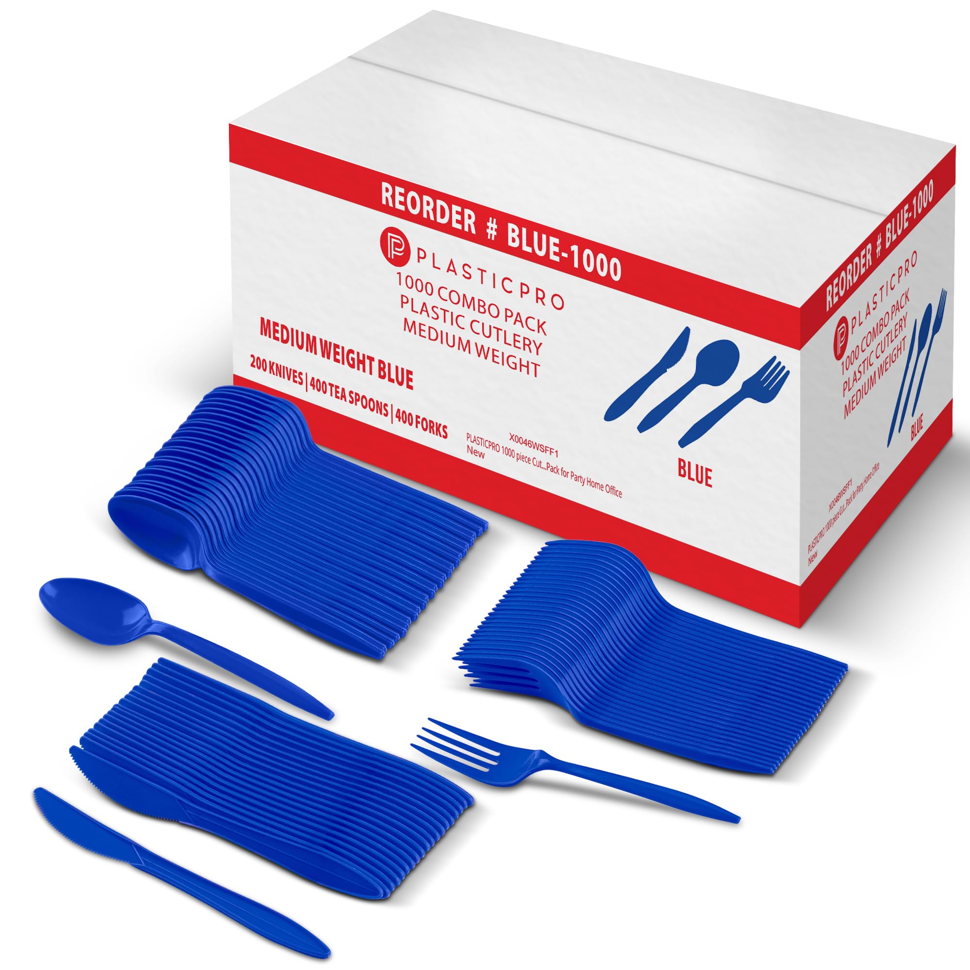 PLASTICPRO 1000 piece Cutlery Combo set of Blue Plastic Forks, Spoons, and Knives Disposable Colored Cutlery Bulk Pack Variety Pack for Party Home Office